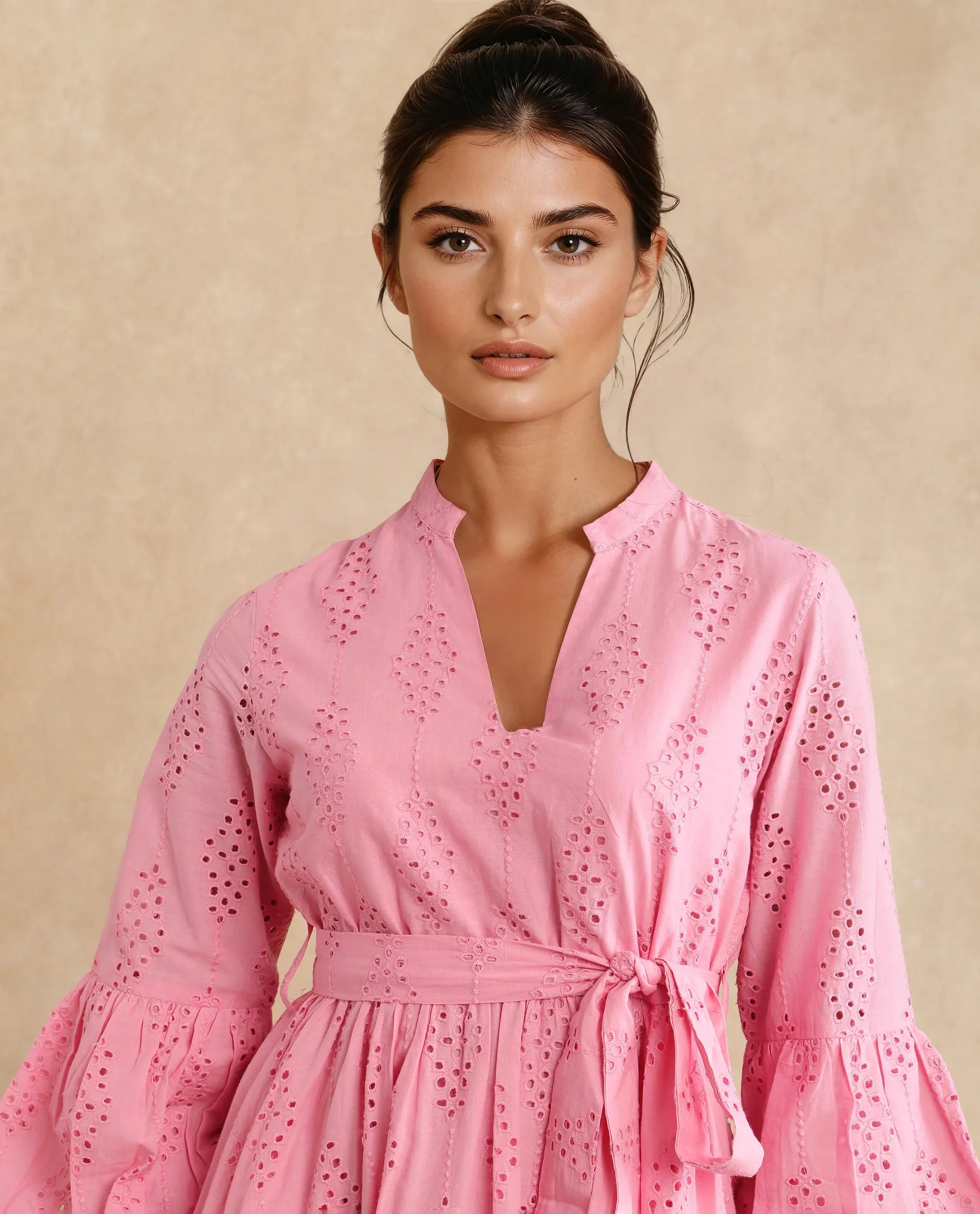 Rareism Women's Somlia Light Pink Cotton V-Neck Schiffli Bishop Sleeve Mini Fit And Flare Dress