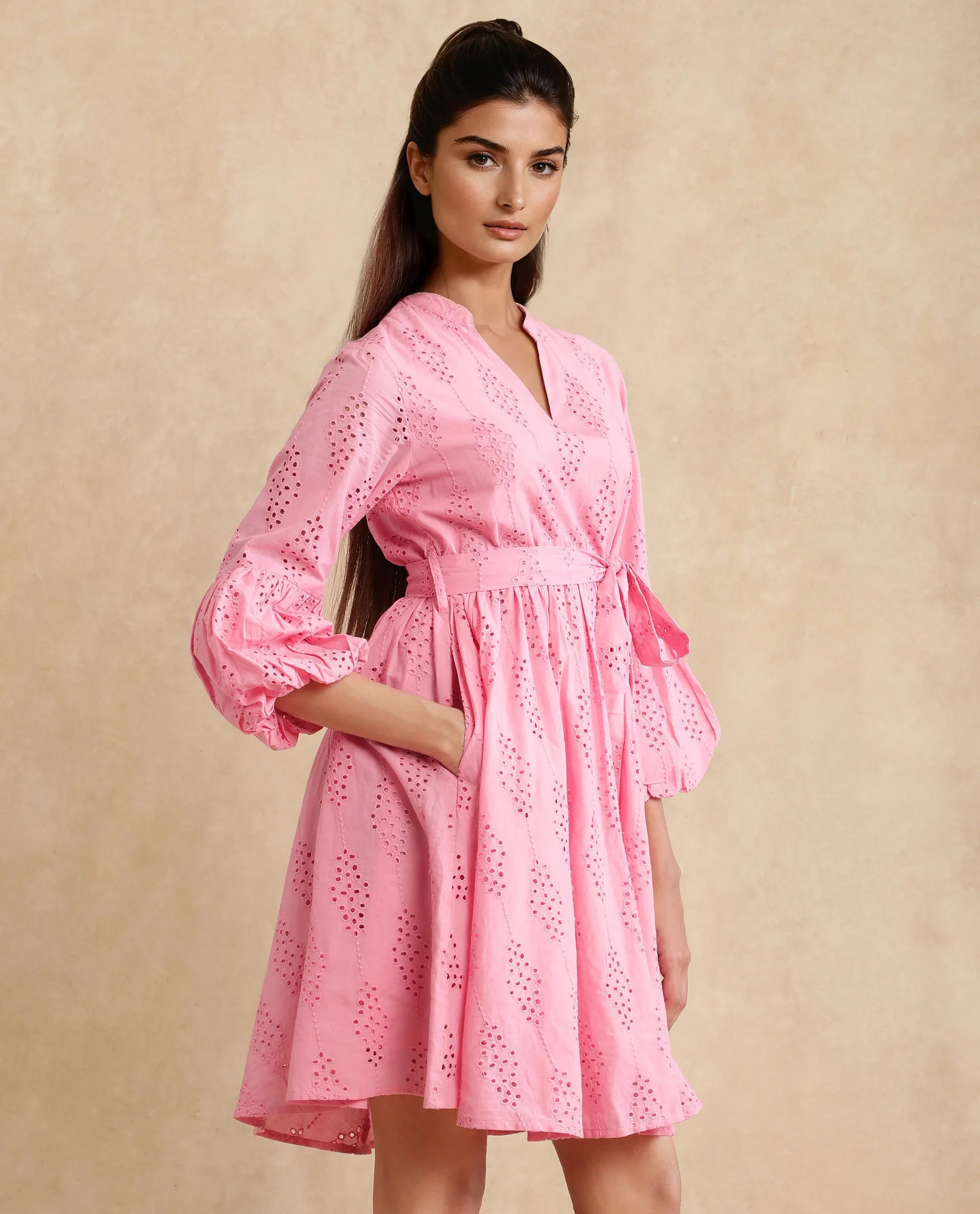 Rareism Women's Somlia Light Pink Cotton V-Neck Schiffli Bishop Sleeve Mini Fit And Flare Dress