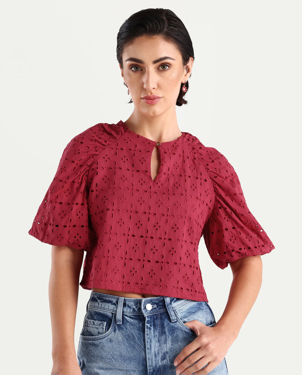 Rareism Women's Somli Dark Red Cotton Round Neck Schiffli Balloon Sleeve Crop Regular Fit Top