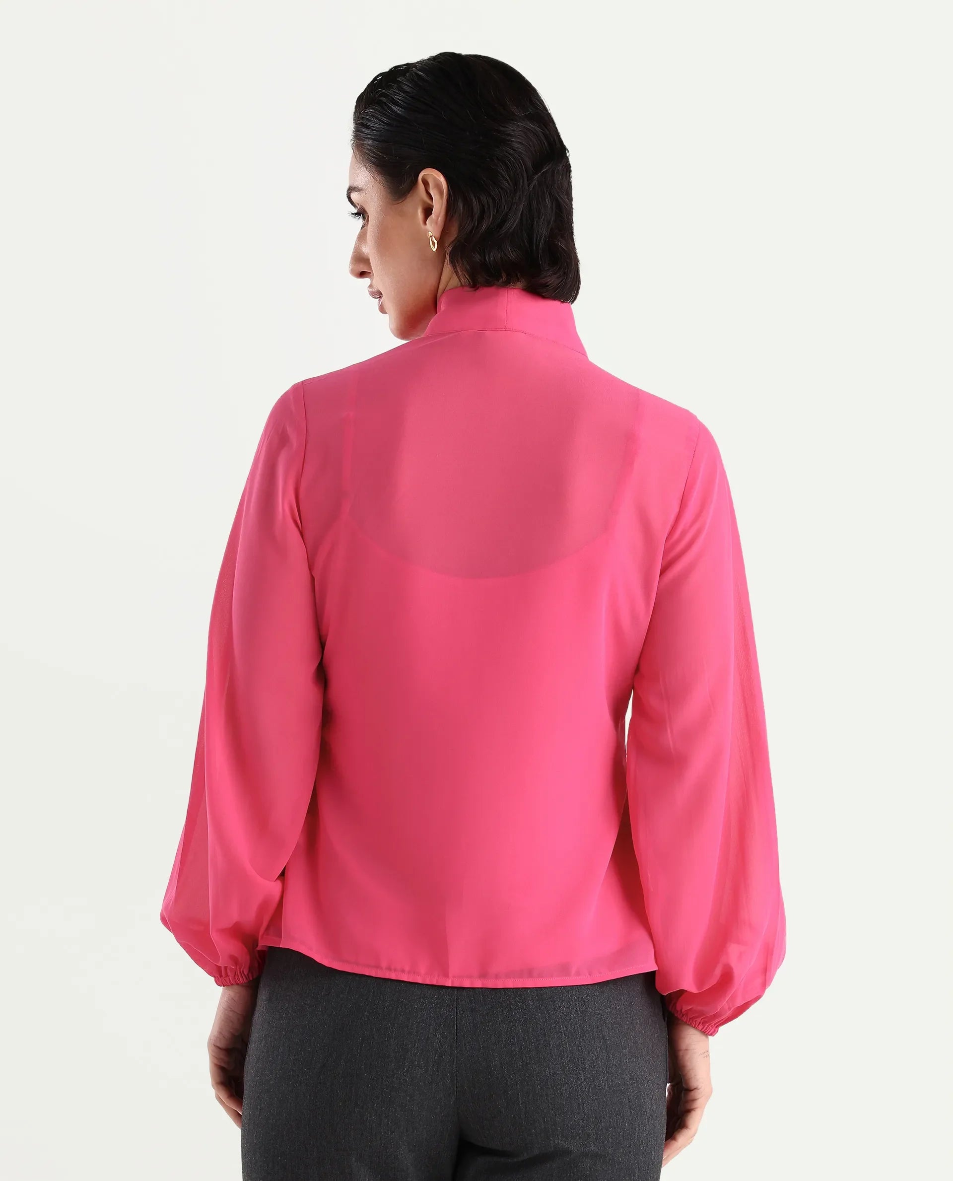 Rareism Women's Sommer Pink Polyester Tie-Up Neck Plain Cuffed Sleeve Regular Fit Top