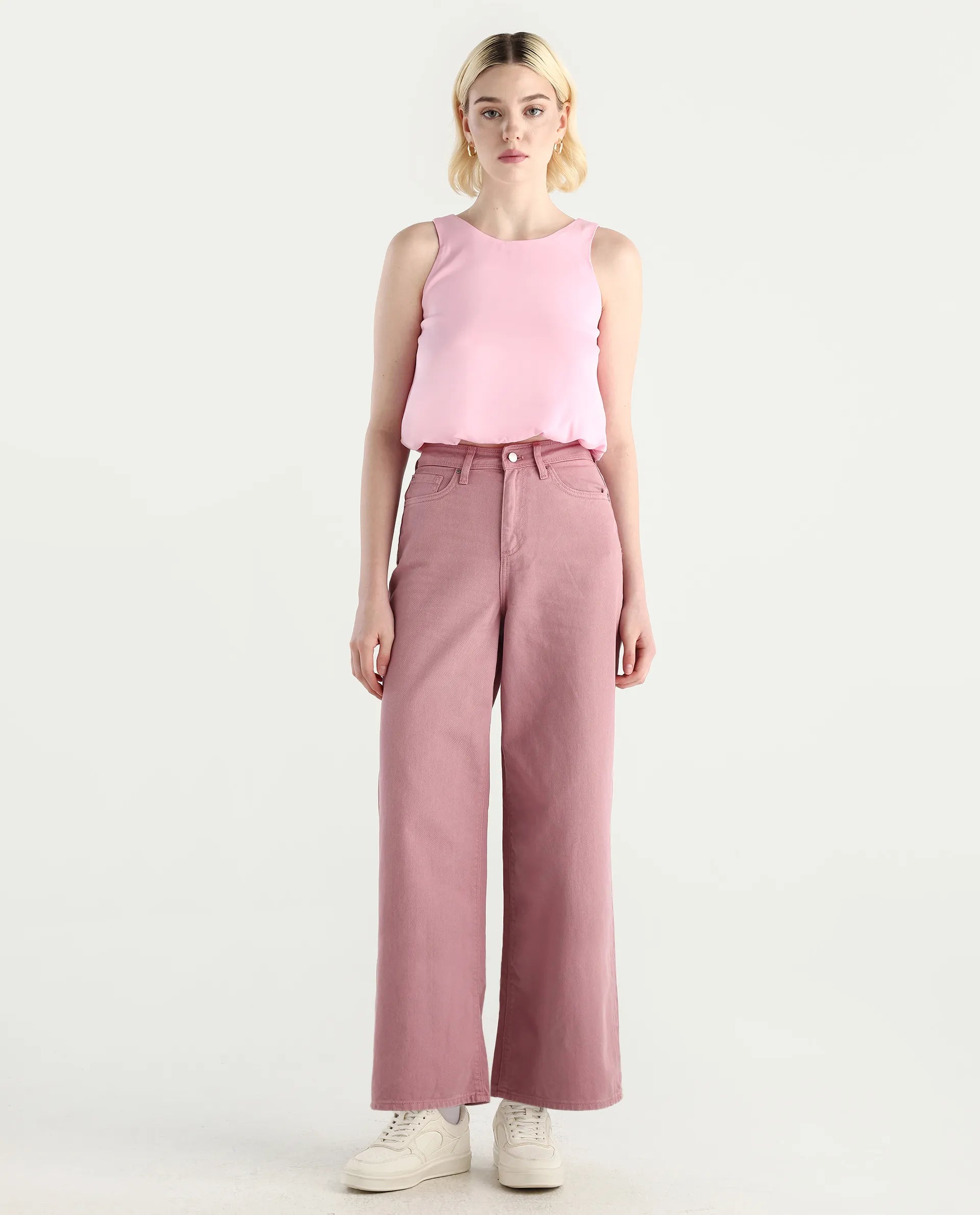 Rareism Women's Somnim Dusky Pink Cotton Blend Plain Ankle Length Wide Trouser