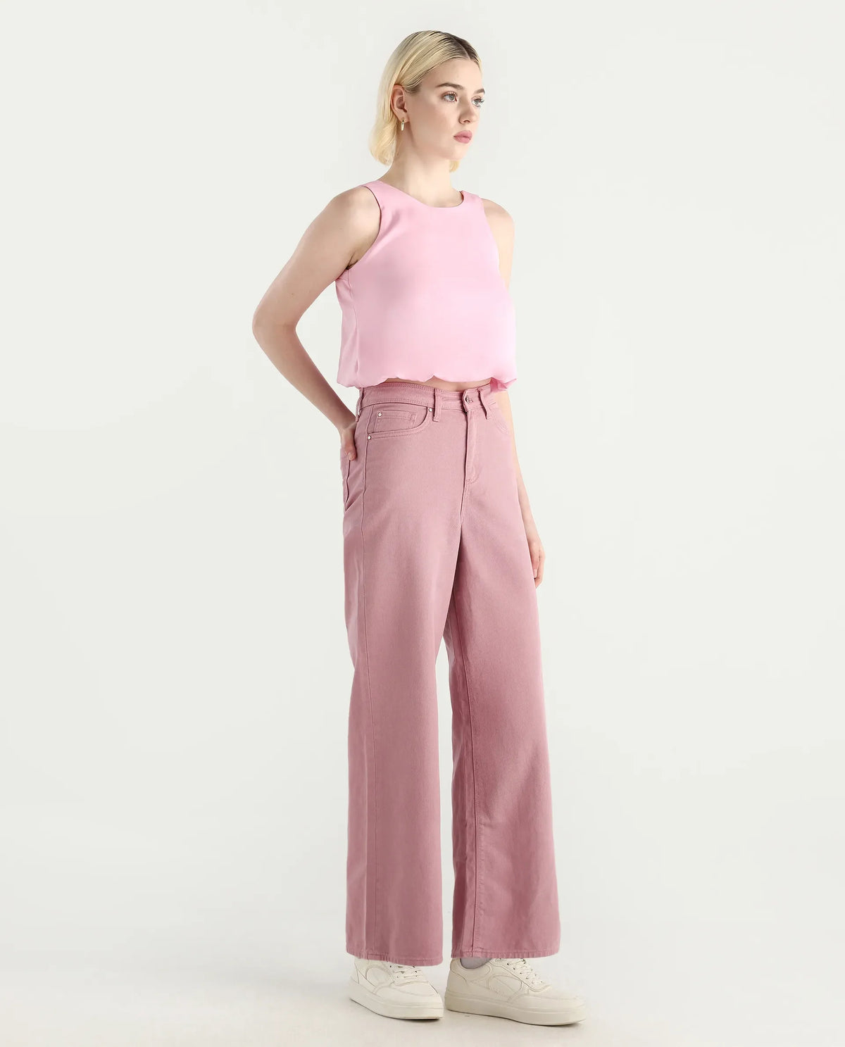 Rareism Women's Somnim Dusky Pink Cotton Plain Ankle Length Wide Trouser