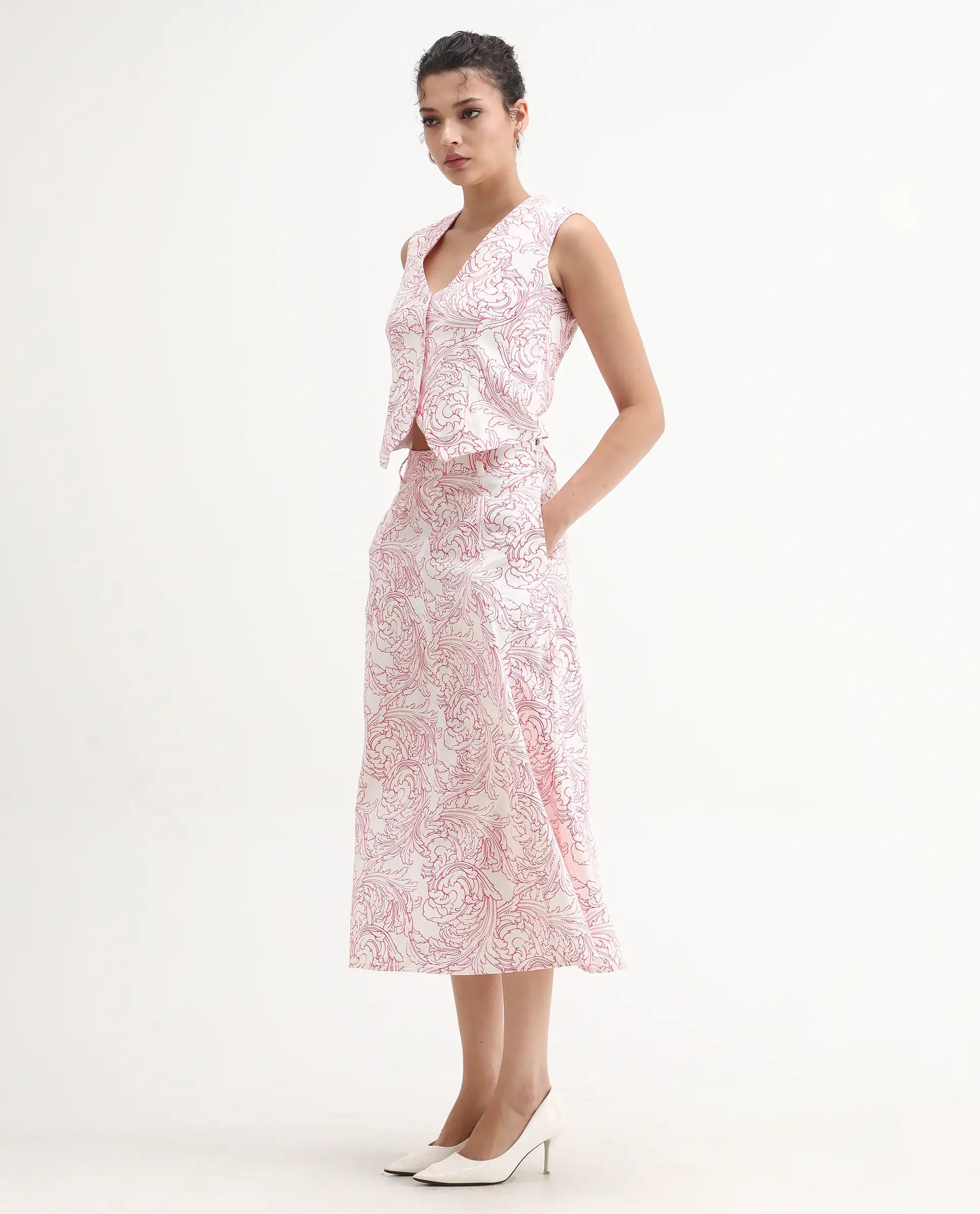 Rareism Women's Somnos B White Cotton Ornamental Print Maxi A-Line Skirt