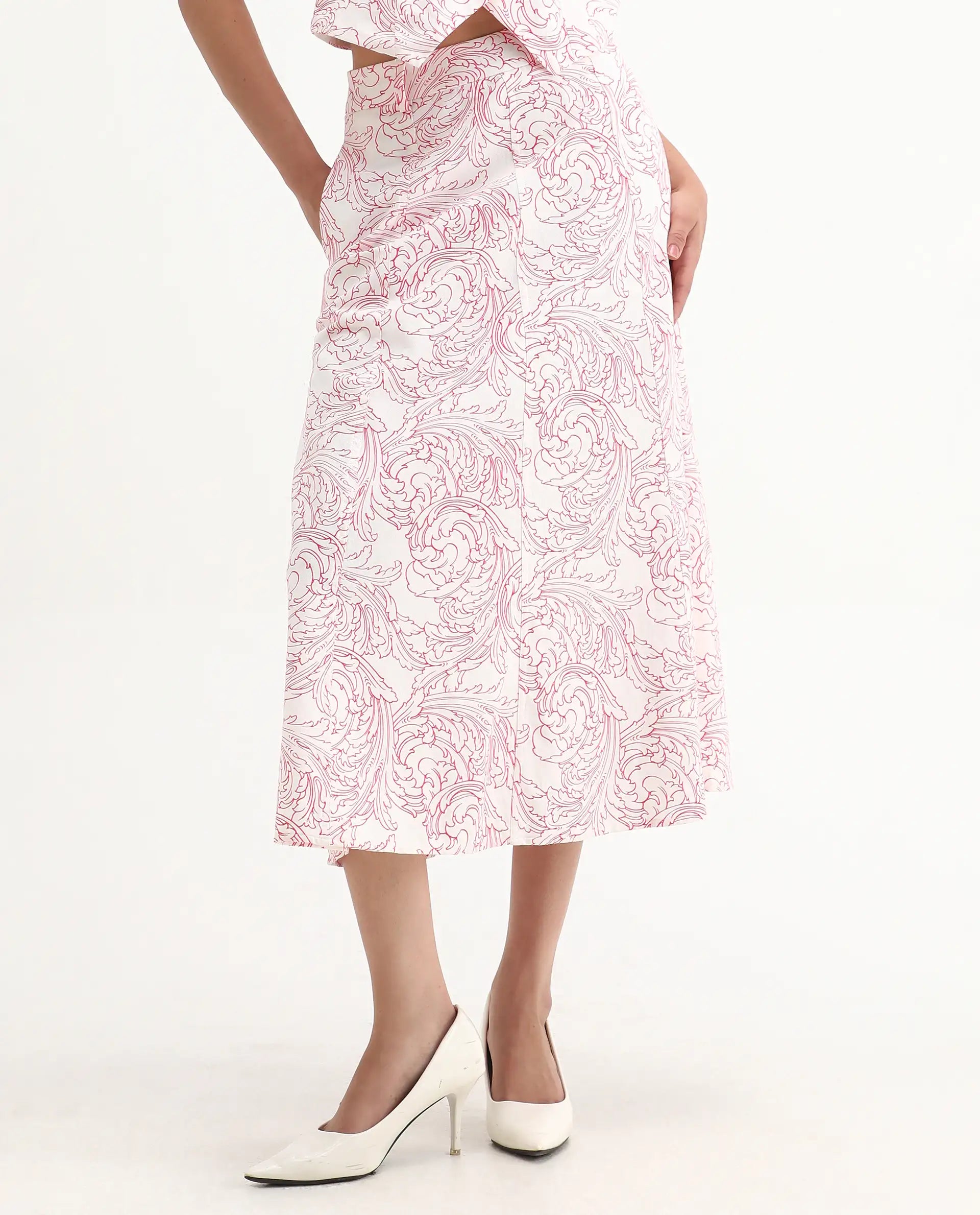 Rareism Women's Somnos B White Cotton Ornamental Print Maxi A-Line Skirt