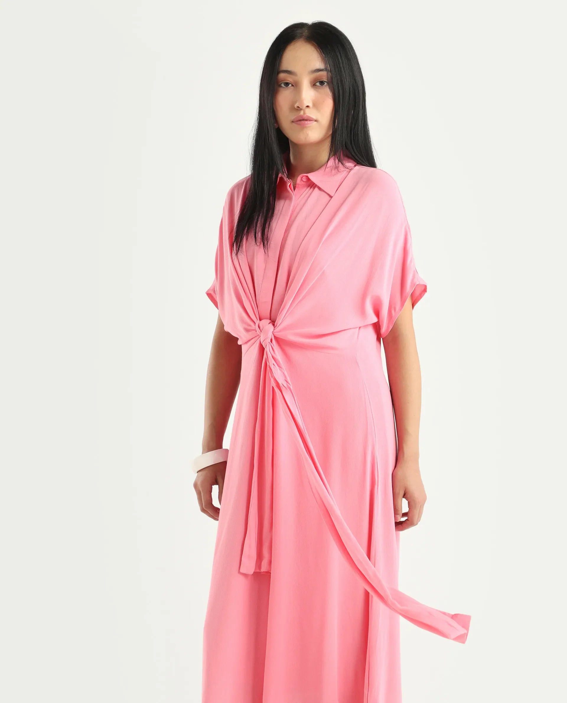 Rareism Women's Somnur Dusky Pink Cotton Spread Collar Plain Midi A-Line Dress