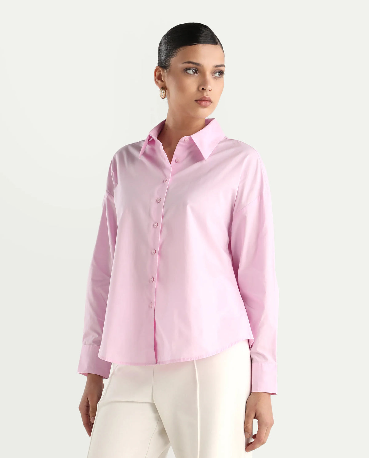 Rareism Women's Somrang Pink Cotton Spread Collar Plain Cuffed Sleeve Regular Fit Shirt