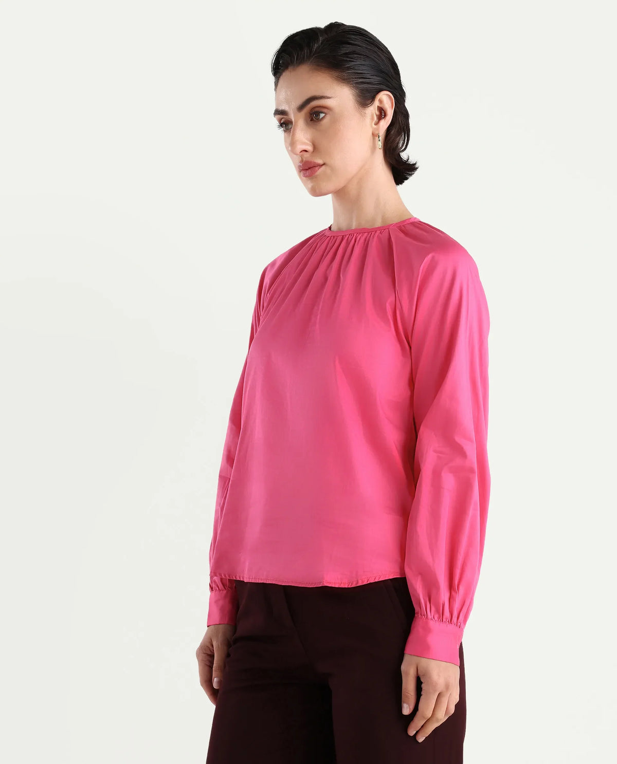 Rareism Women's Somree Pink Cotton Round Neck Plain Cuffed Sleeve Relaxed Fit Top