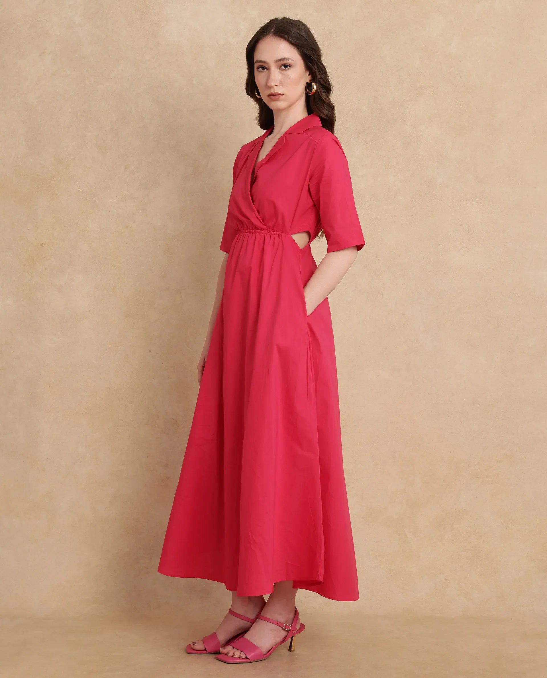 Rareism Women's Somrica Dark Pink Cotton Lapel Neck Plain Maxi A-Line Dress