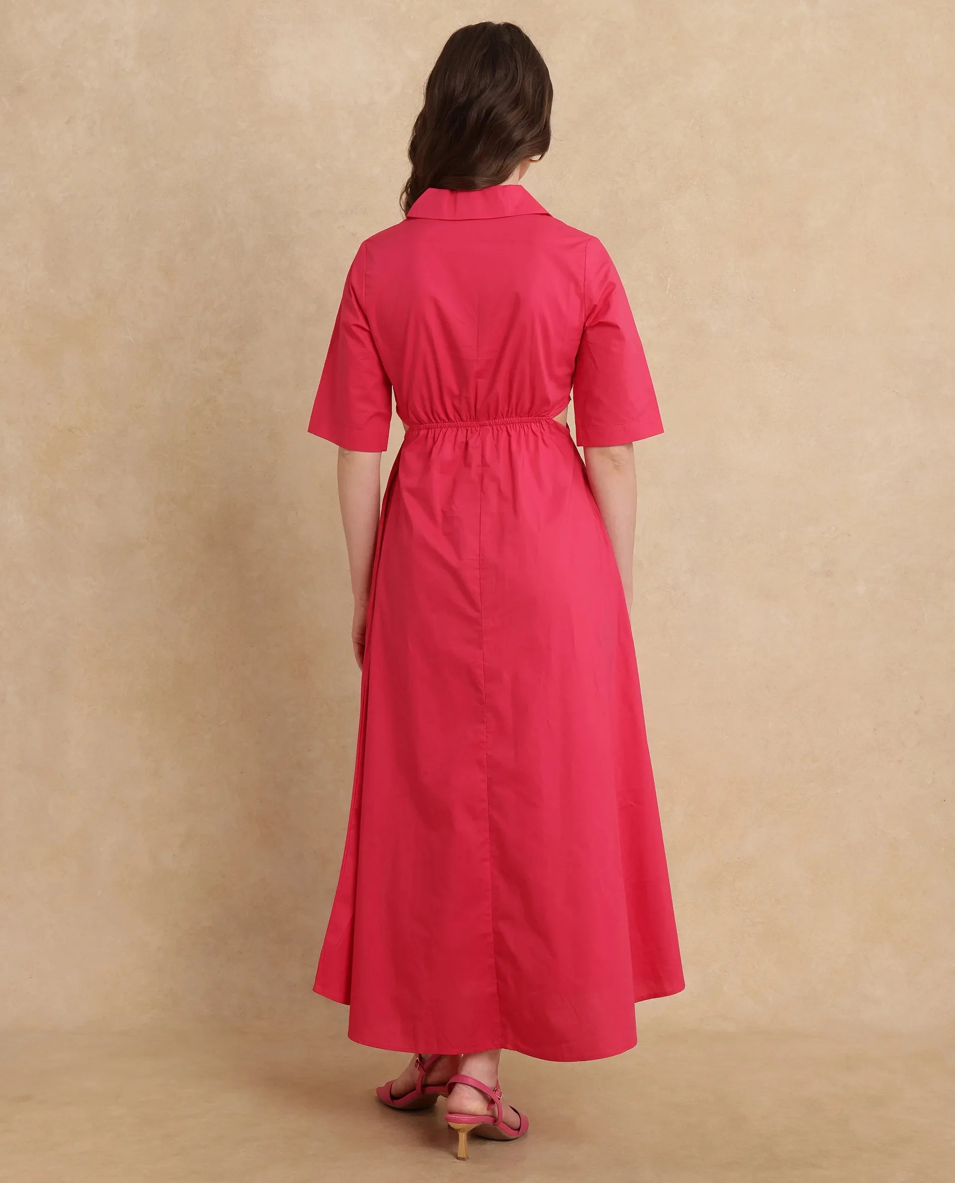 Rareism Women Somrica Dark Pink Cotton Fabric Half Sleeve Lapel Collar A-Line Maxi Plain Dress
