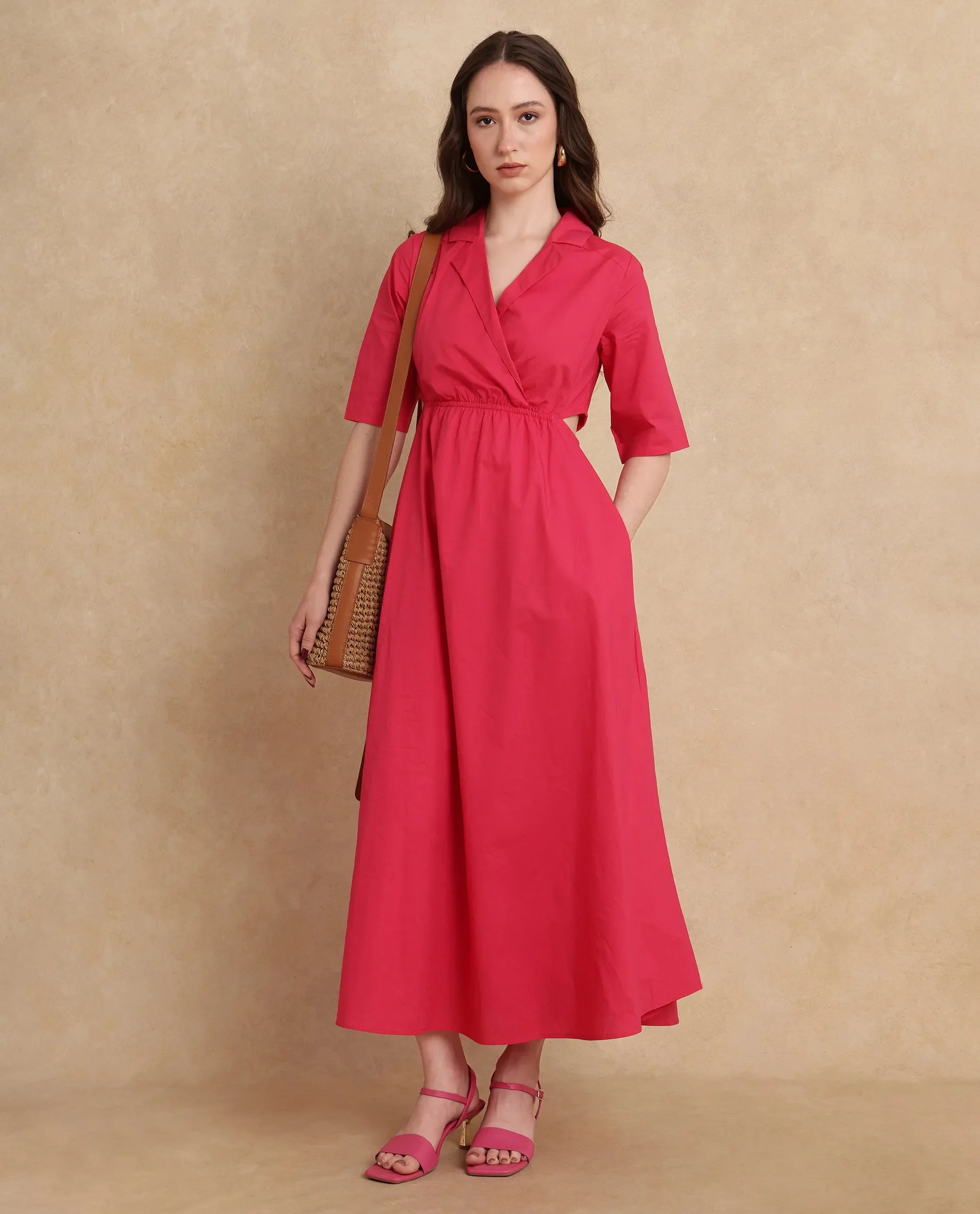 Rareism Women Somrica Dark Pink Cotton Fabric Half Sleeve Lapel Collar A-Line Maxi Plain Dress