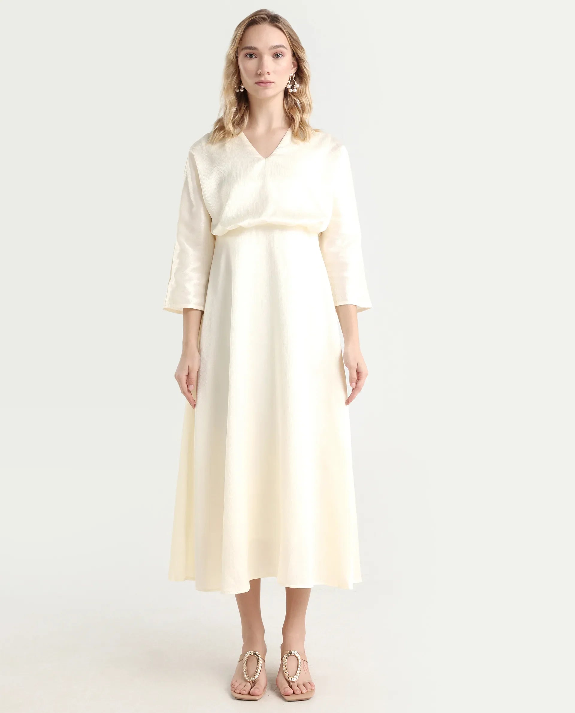 Rareism Women's Somsho Off White Polyester V-Neck Plain Kimono Sleeve Maxi A-Line Dress