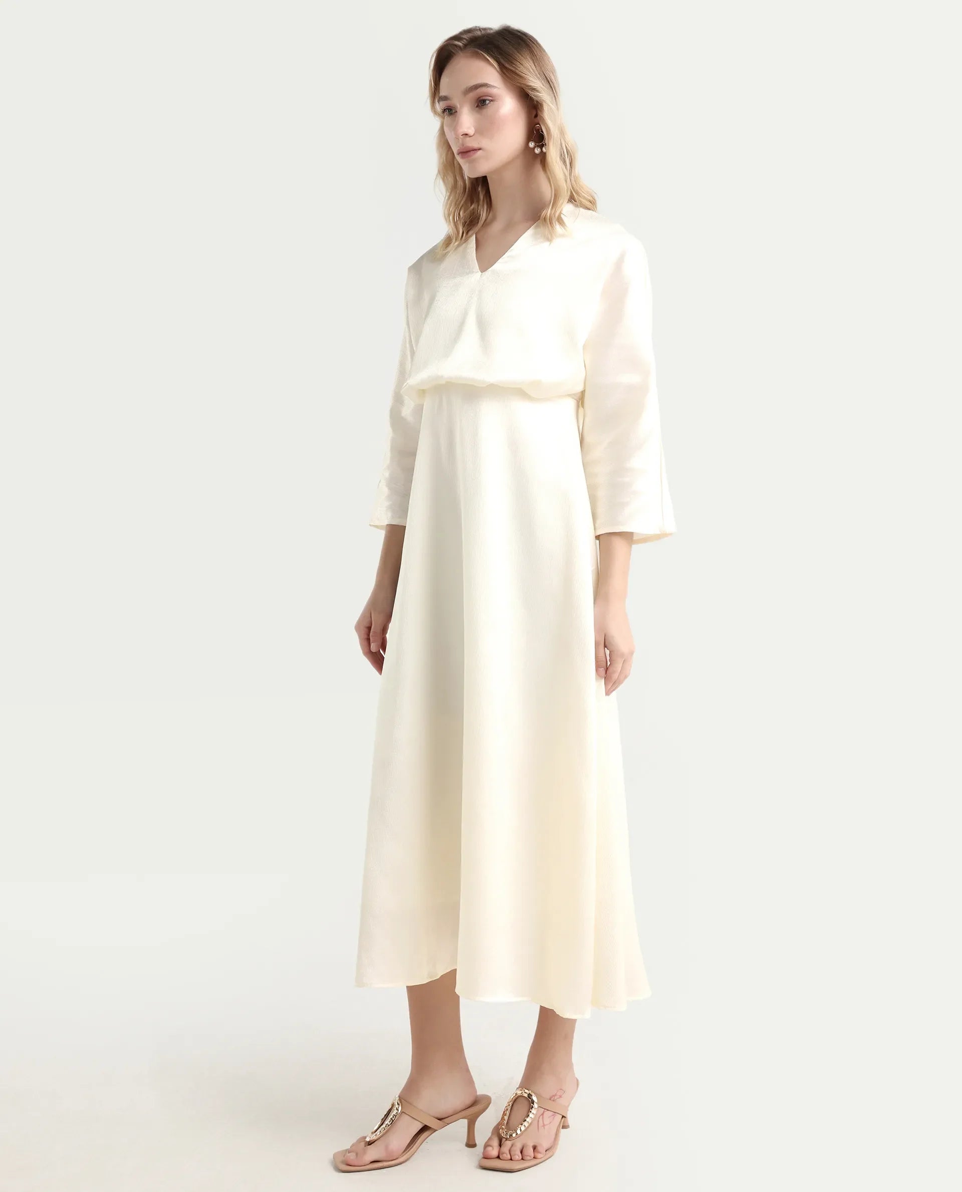 Rareism Women's Somsho Off White Polyester V-Neck Plain Kimono Sleeve Maxi A-Line Dress