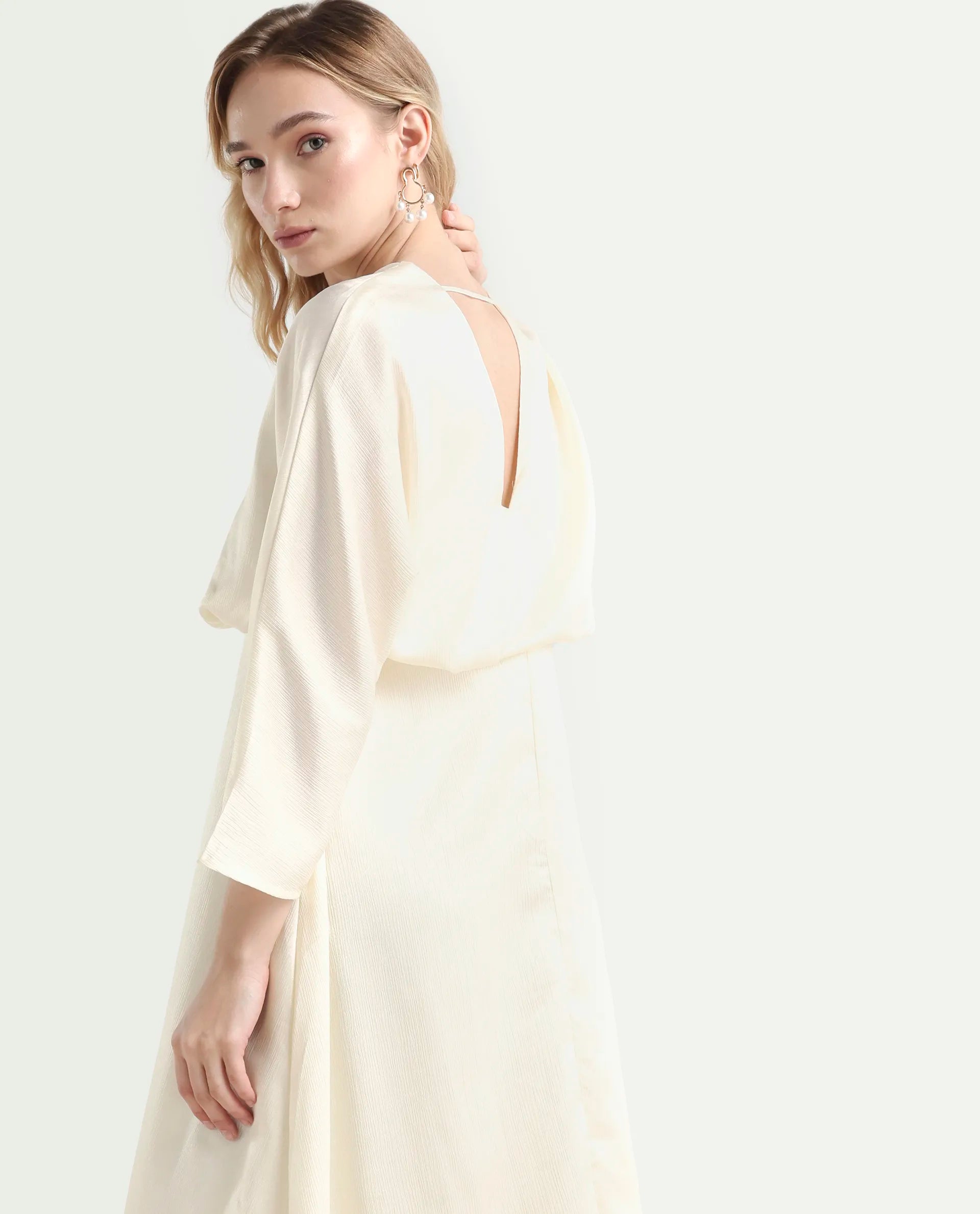 Rareism Women's Somsho Off White Polyester V-Neck Plain Kimono Sleeve Maxi A-Line Dress