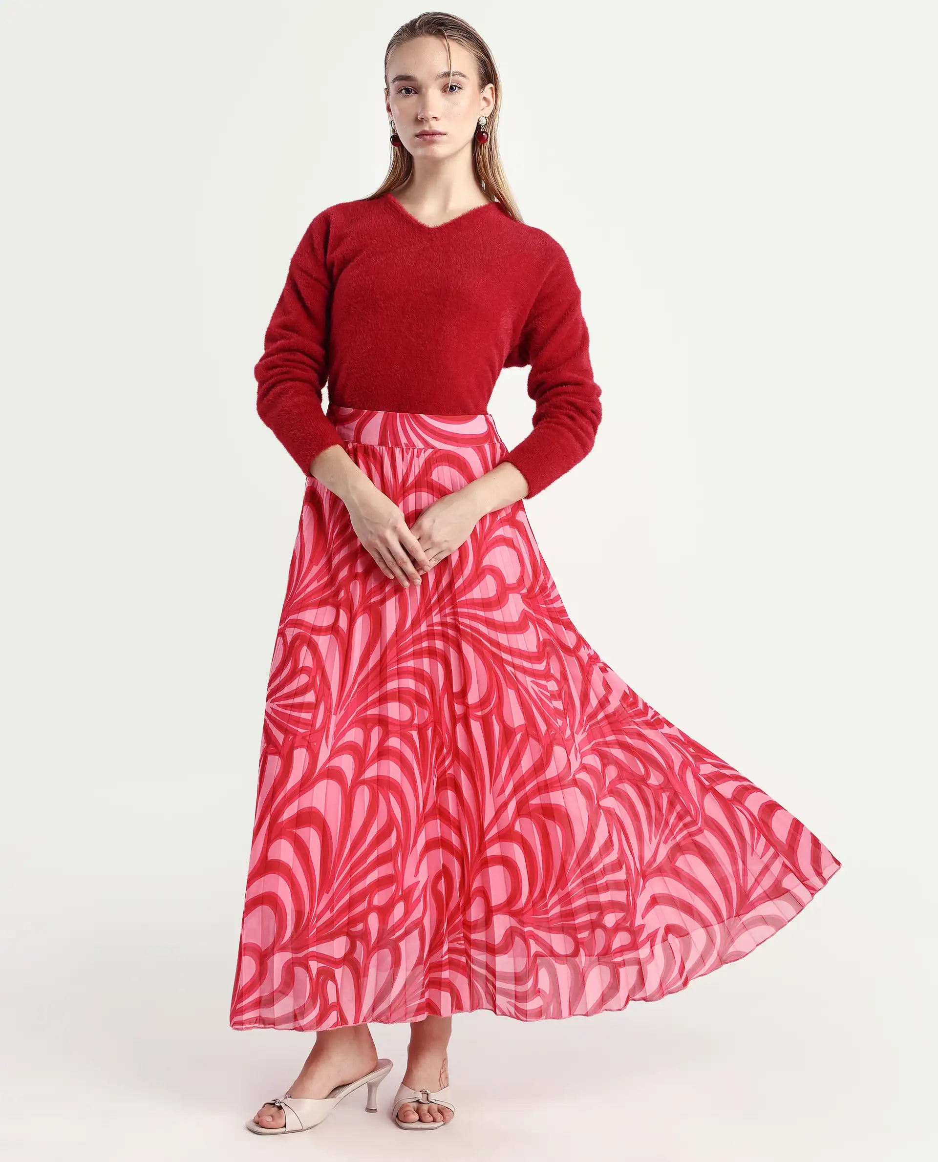 Rareism Women's Somsiri Pink Polyester Abstract Print Maxi Flared Skirt