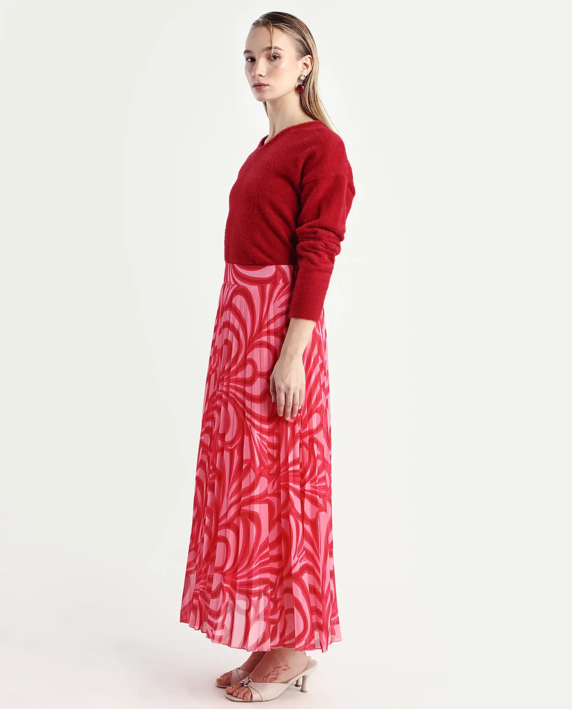 Rareism Women's Somsiri Pink Polyester Abstract Print Maxi Flared Skirt