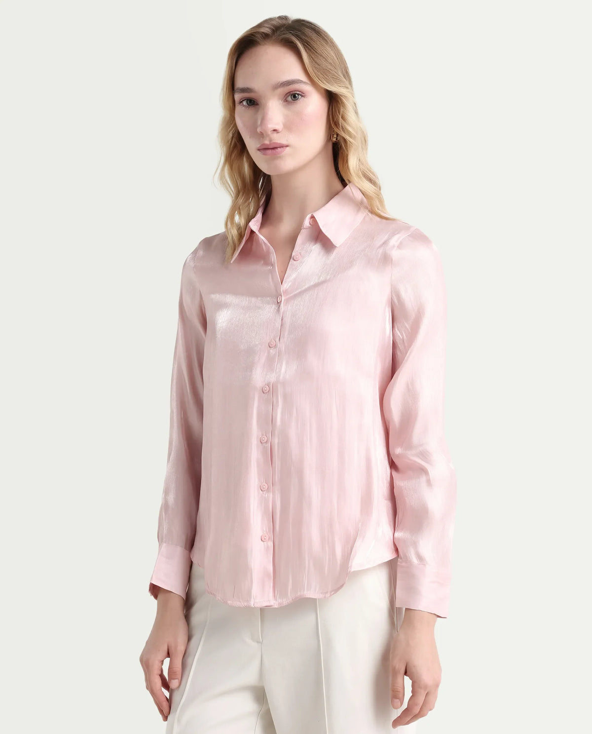 Rareism Women's Somsuj Light Pink Polyester Spread Collar Plain Cuffed Sleeve Regular Fit Shirt