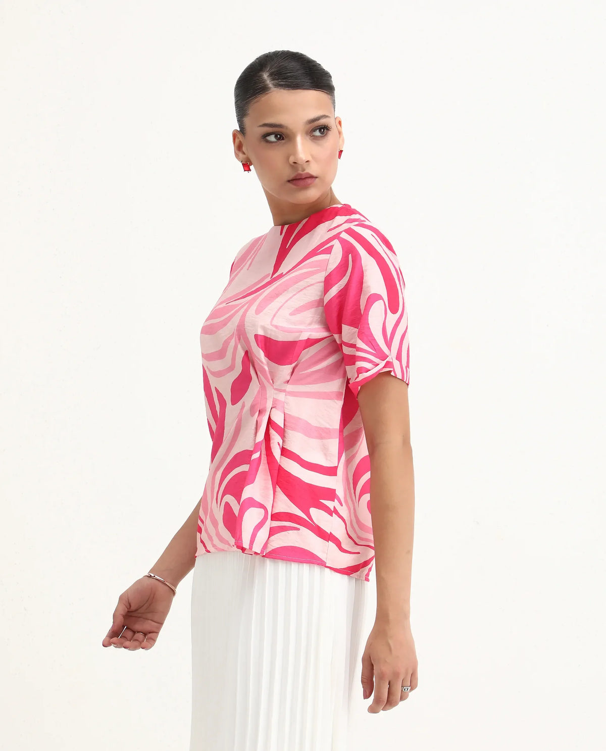 Rareism Women's Somtij Pink Viscose Blend Round Neck Abstract Print Regular Fit Top