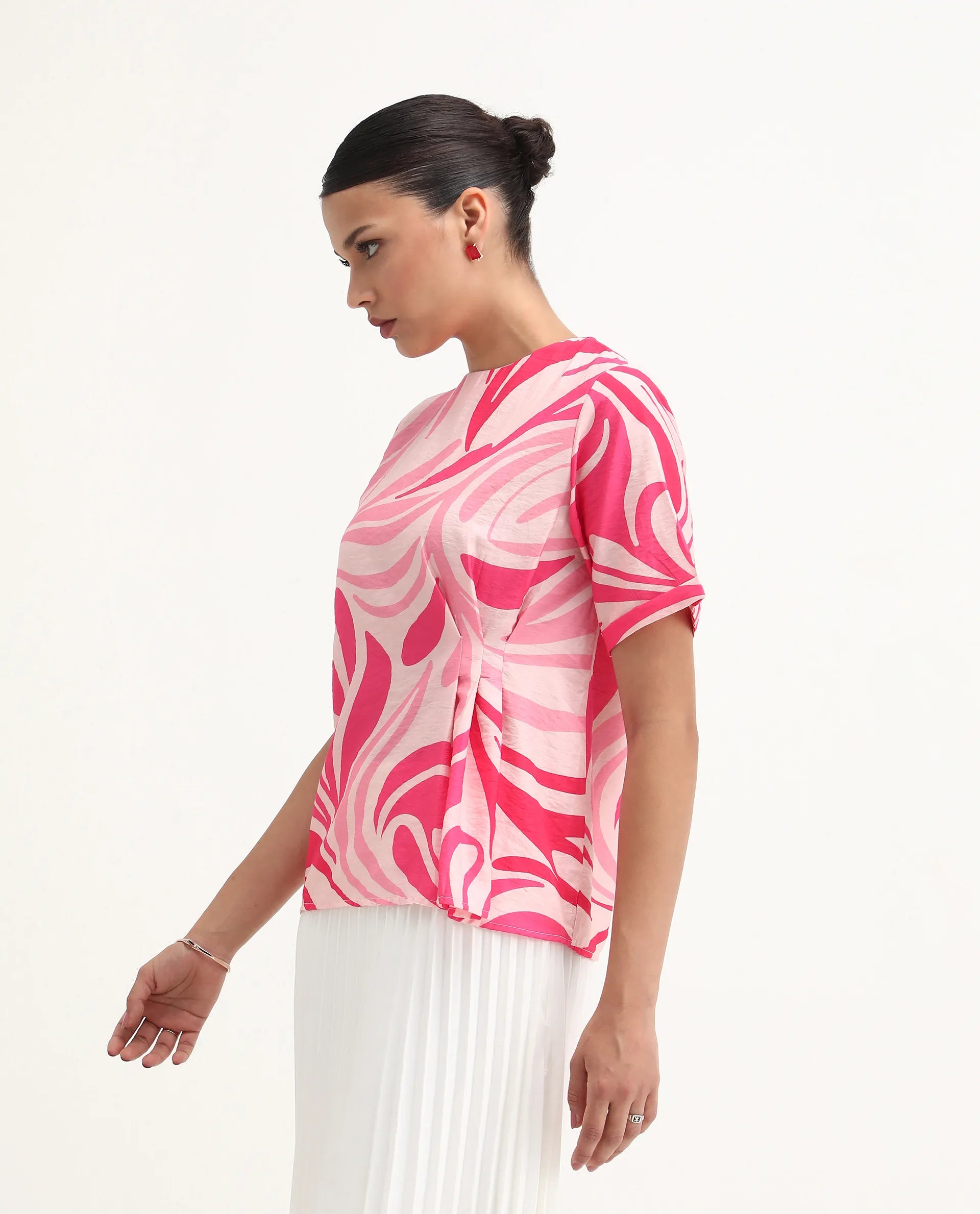 Rareism Women's Somtij Pink Viscose Blend Round Neck Abstract Print Regular Fit Top