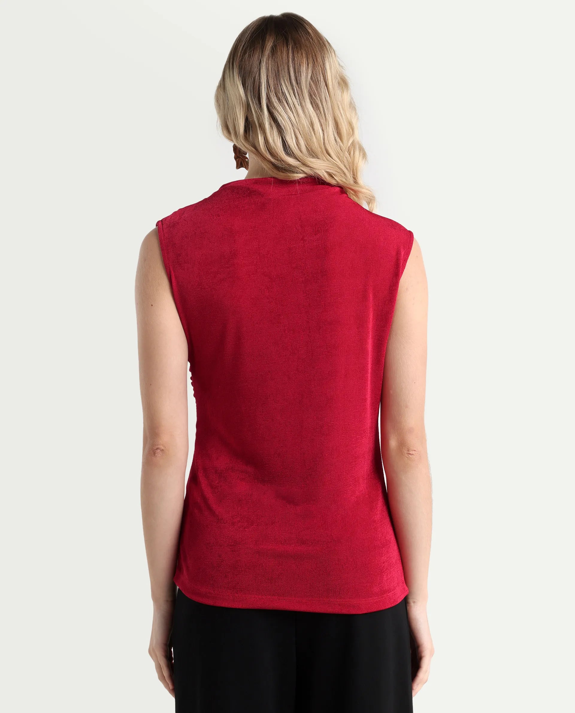 Rareism Women's Somtus Red Polyester Blend Cowl Neck Plain Sleeveless Regular Fit Top