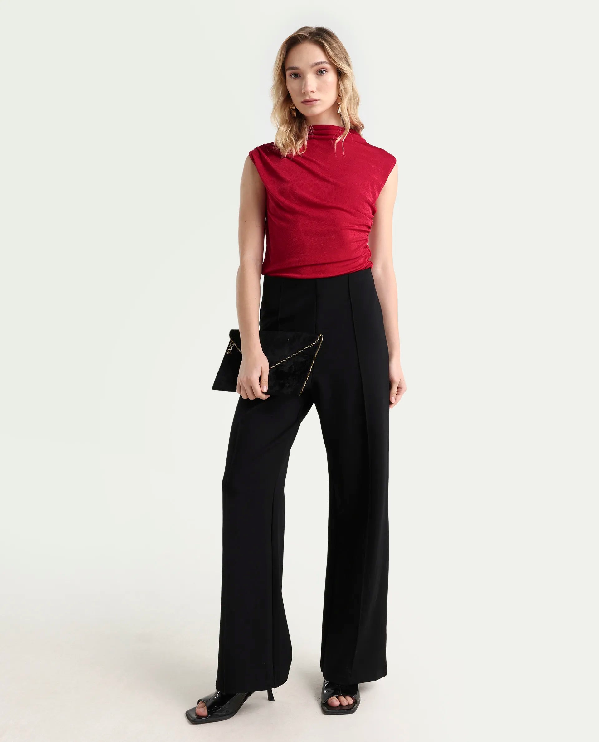 Rareism Women's Somtus Red Polyester Blend Cowl Neck Plain Sleeveless Regular Fit Top