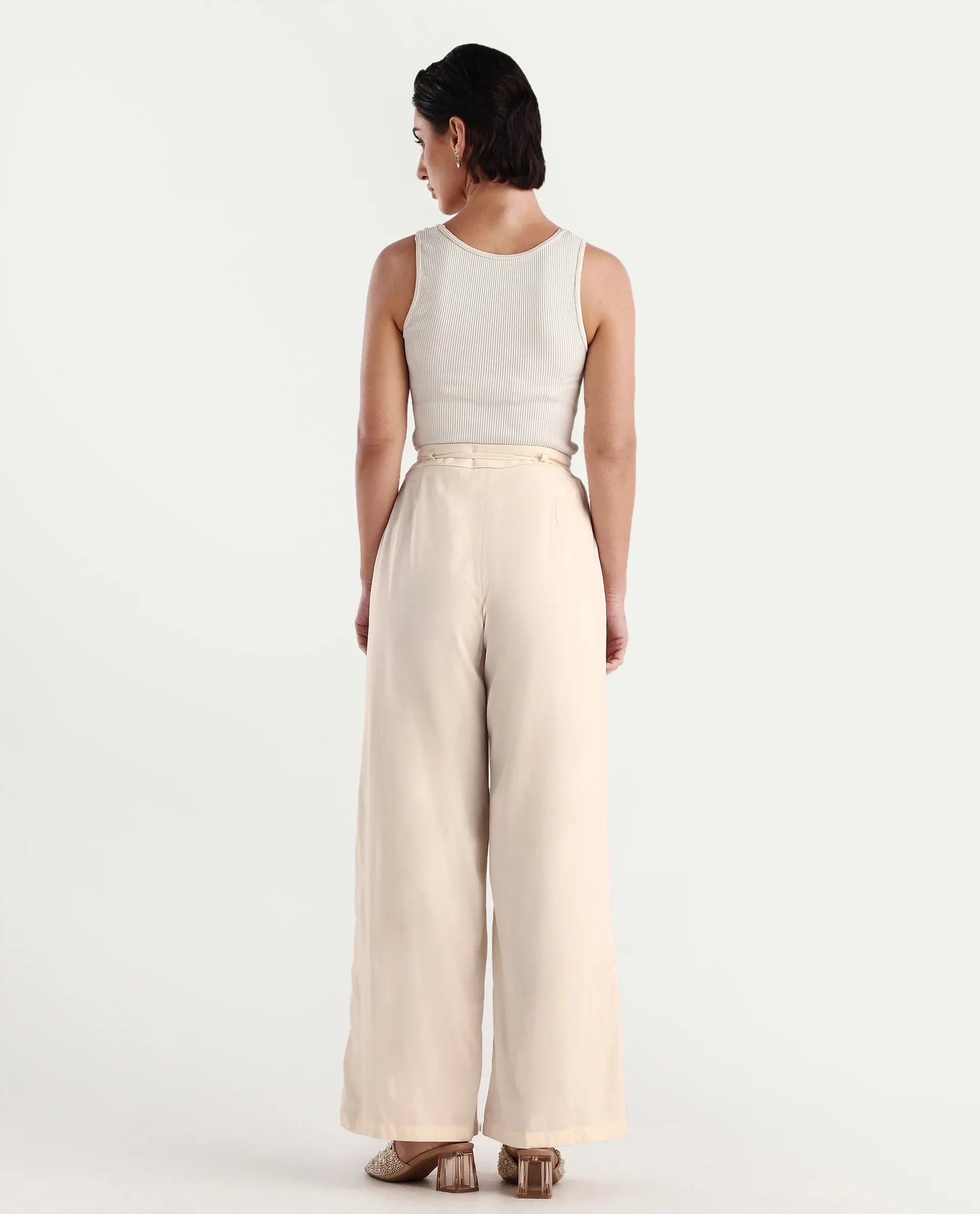 Rareism Women's Somuse Beige Viscose Plain Ankle Length Wide Trouser