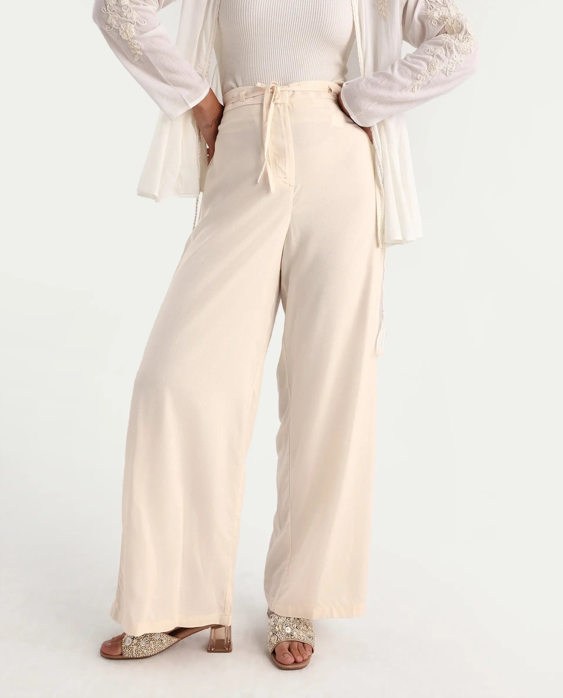 Rareism Women's Somuse Beige Viscose Plain Ankle Length Wide Trouser