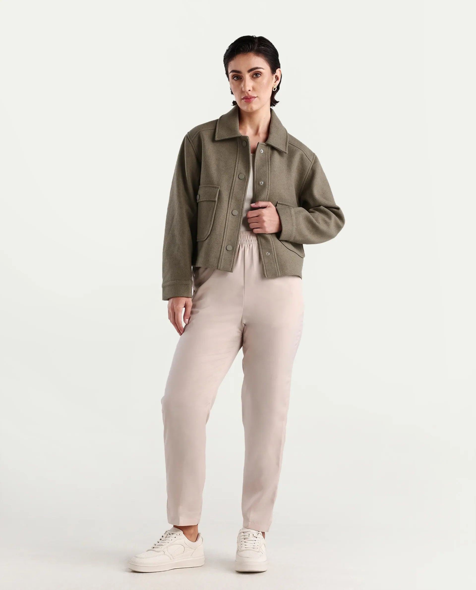 Rareism Women's Somuth Beige Polyester Plain Ankle Length Straight Fit Trouser