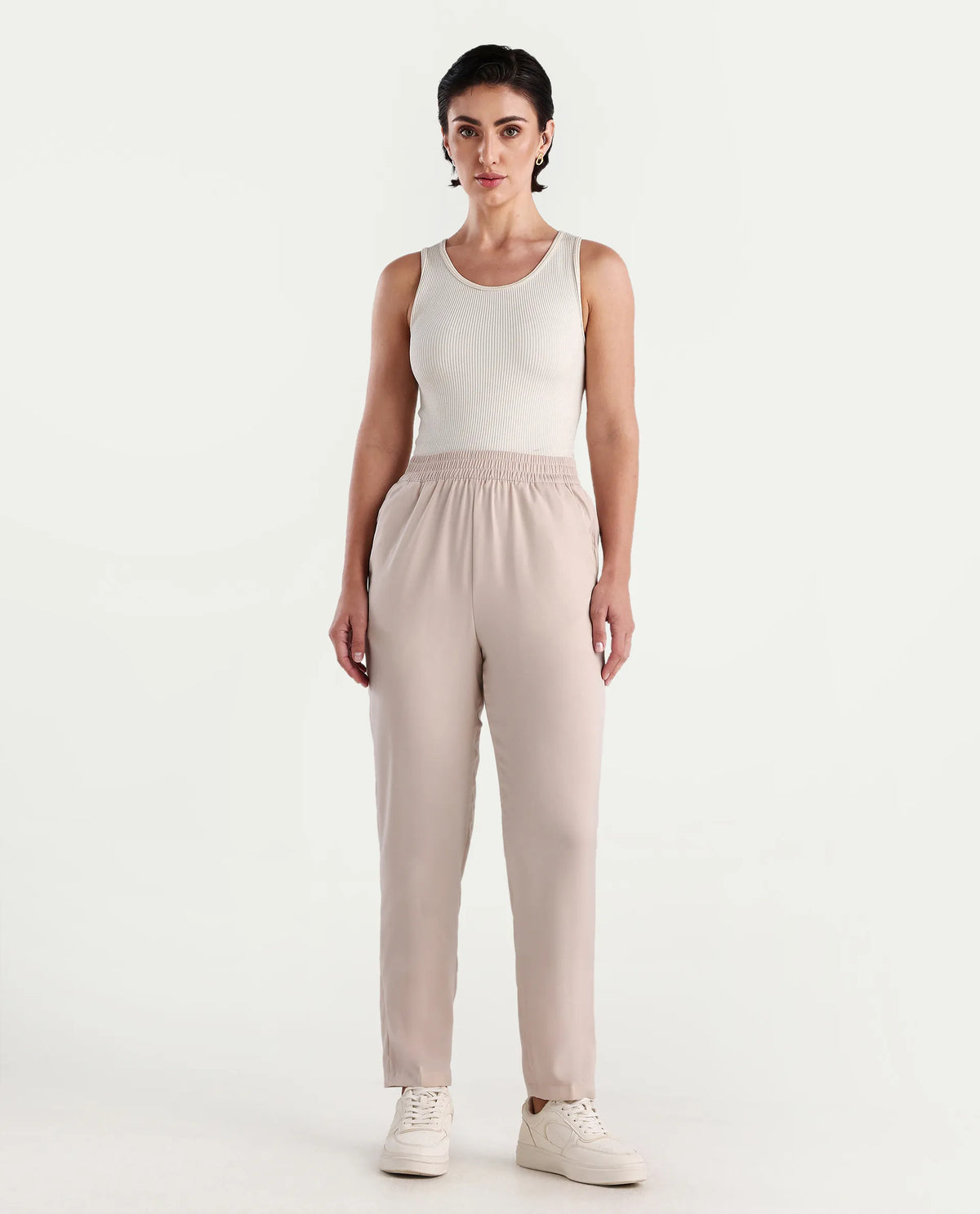 Rareism Women's Somuth Beige Polyester Plain Ankle Length Straight Fit Trouser