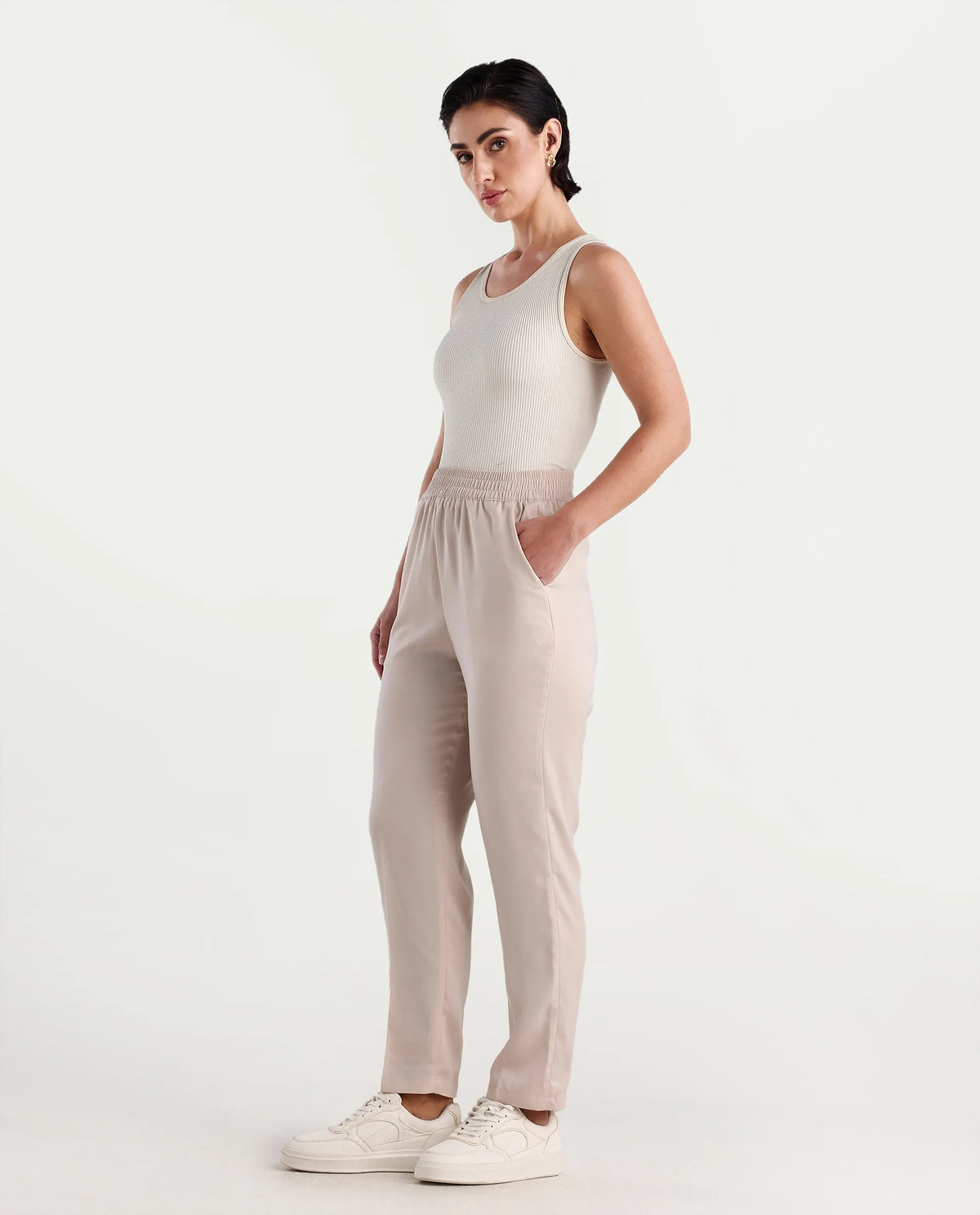Rareism Women's Somuth Beige Polyester Plain Ankle Length Straight Fit Trouser