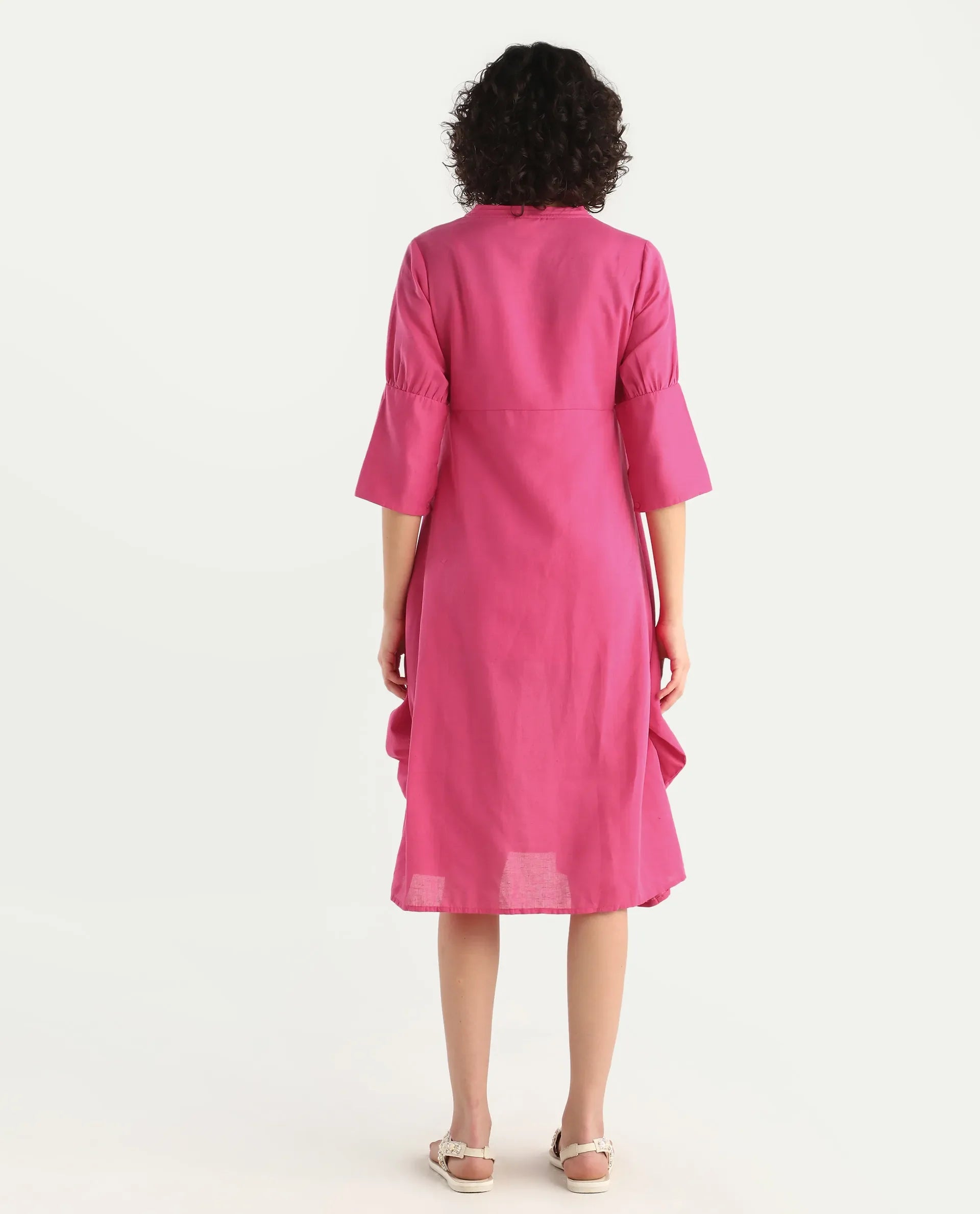 Rareism Women's Somyer Pink Cotton Blend V-Neck Plain Midi Flared Dress