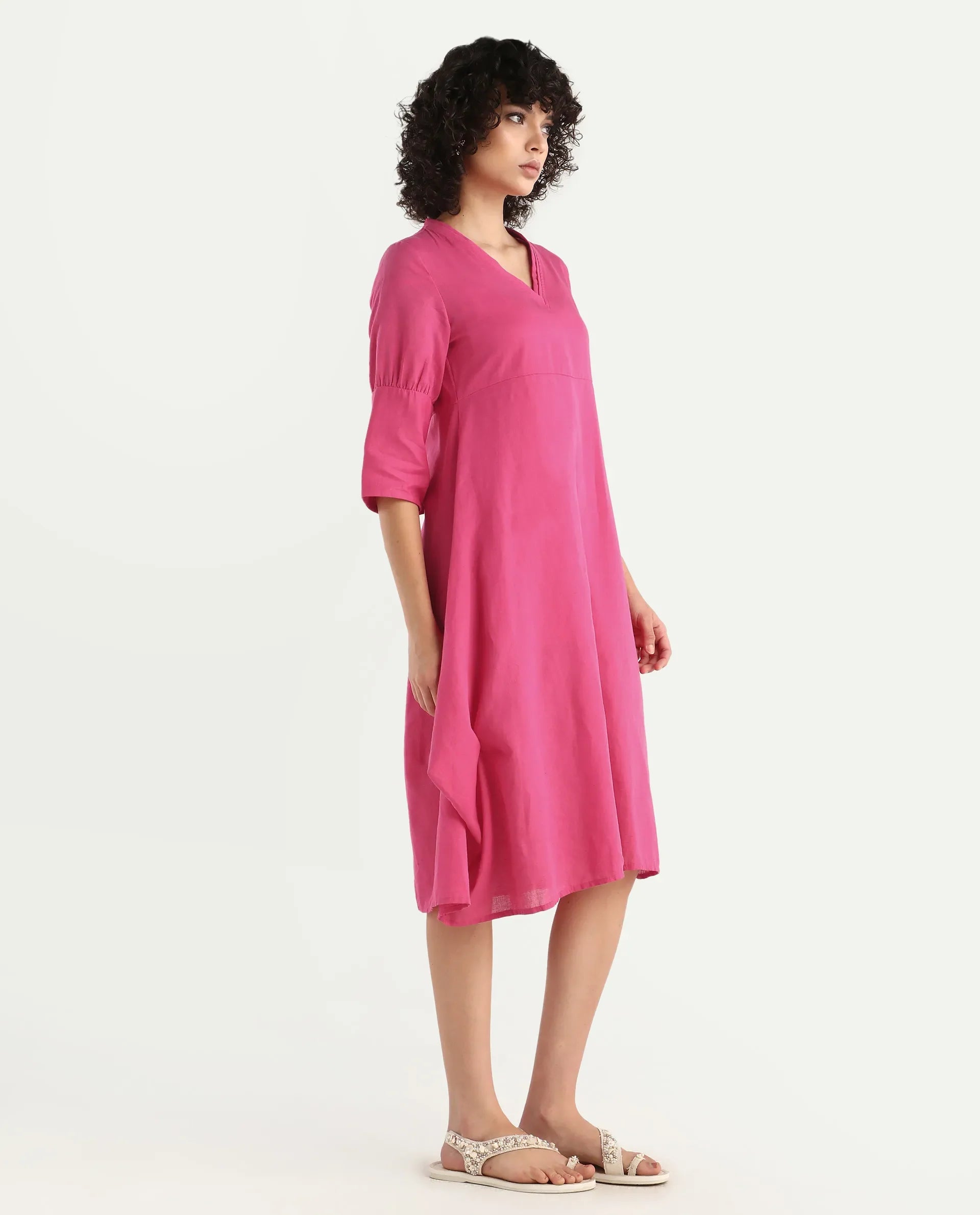 Rareism Women's Somyer Pink Linen V-Neck Plain Midi Flared Dress