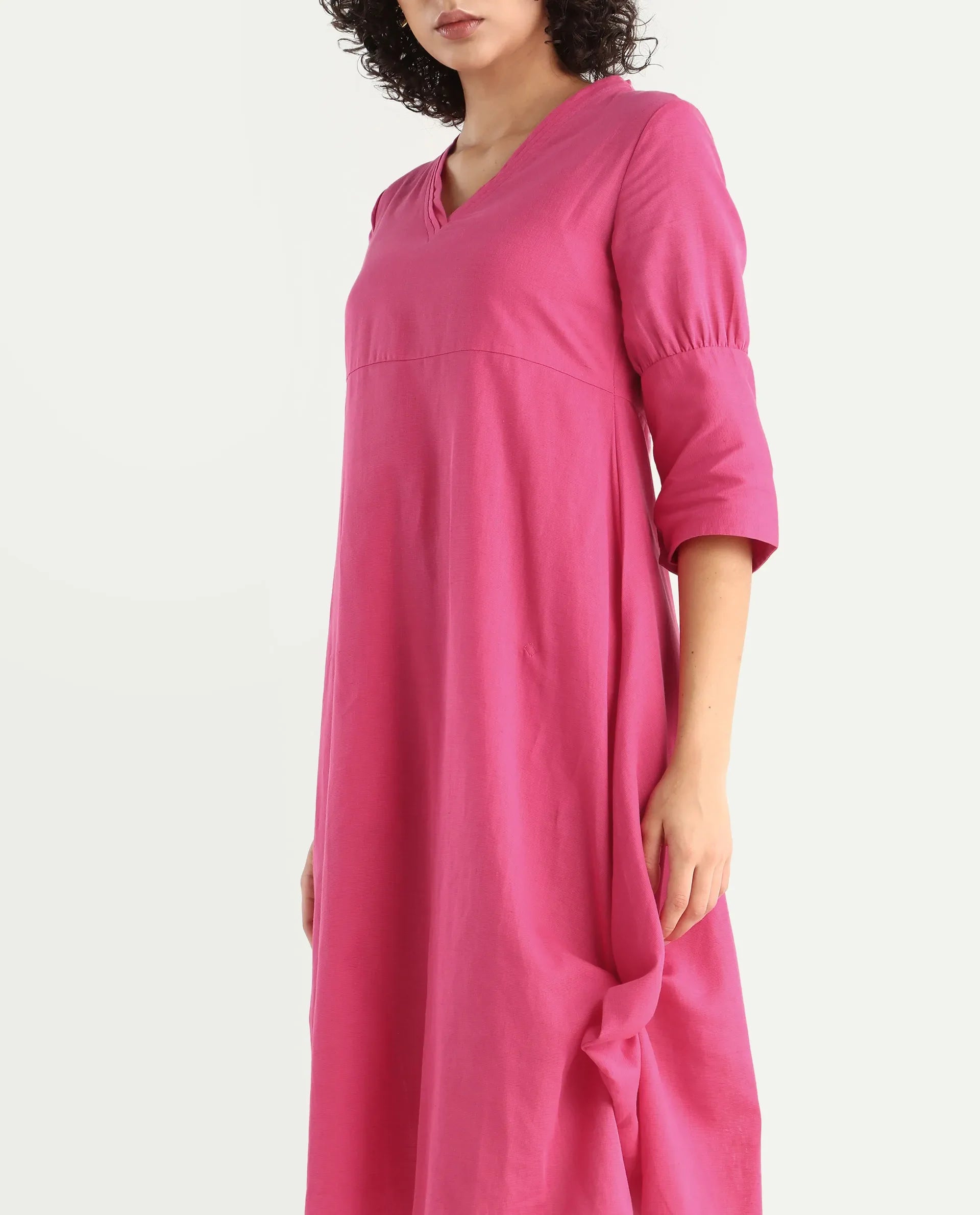 Rareism Women's Somyer Pink Cotton Blend V-Neck Plain Midi Flared Dress