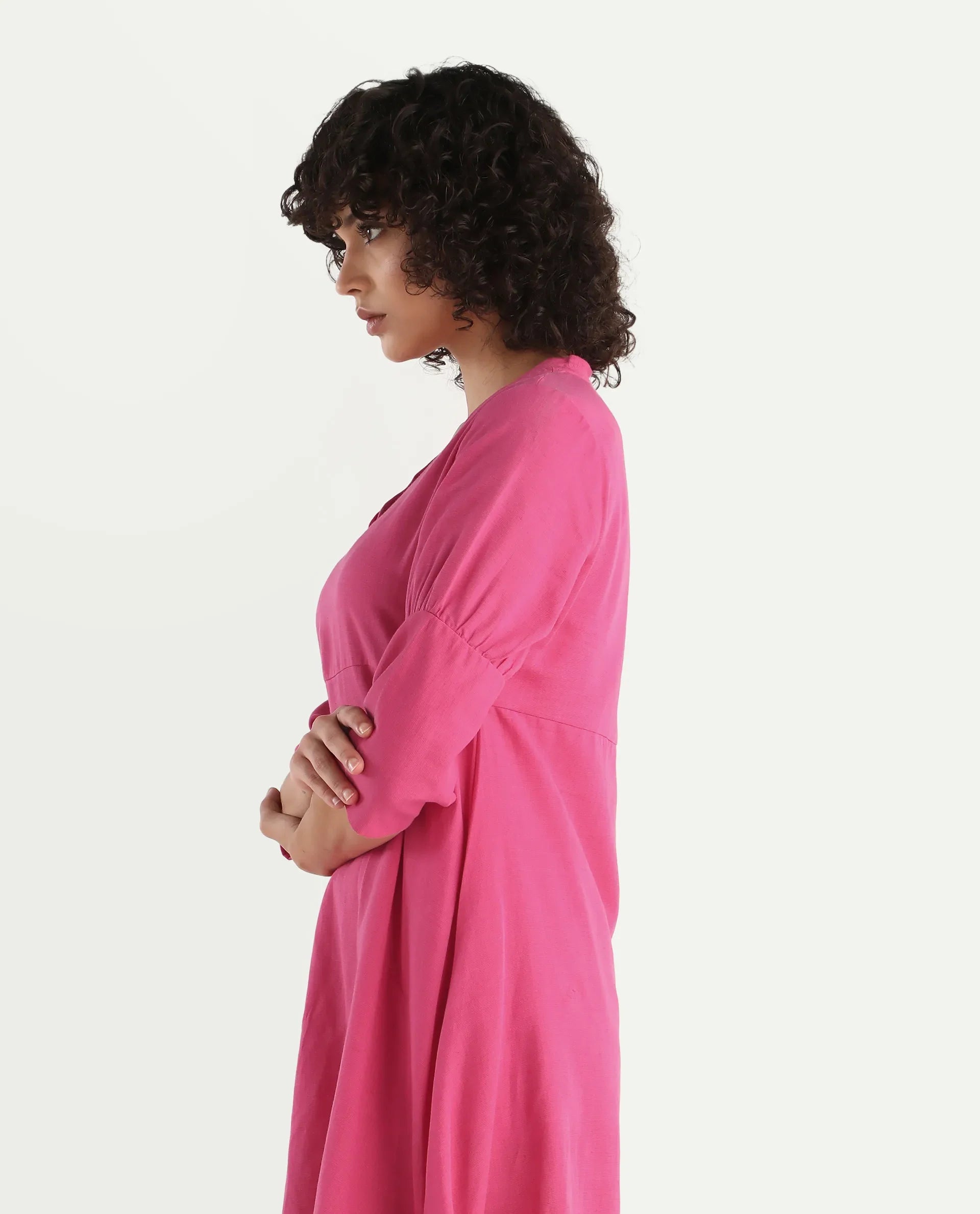 Rareism Women's Somyer Pink Cotton Blend V-Neck Plain Midi Flared Dress