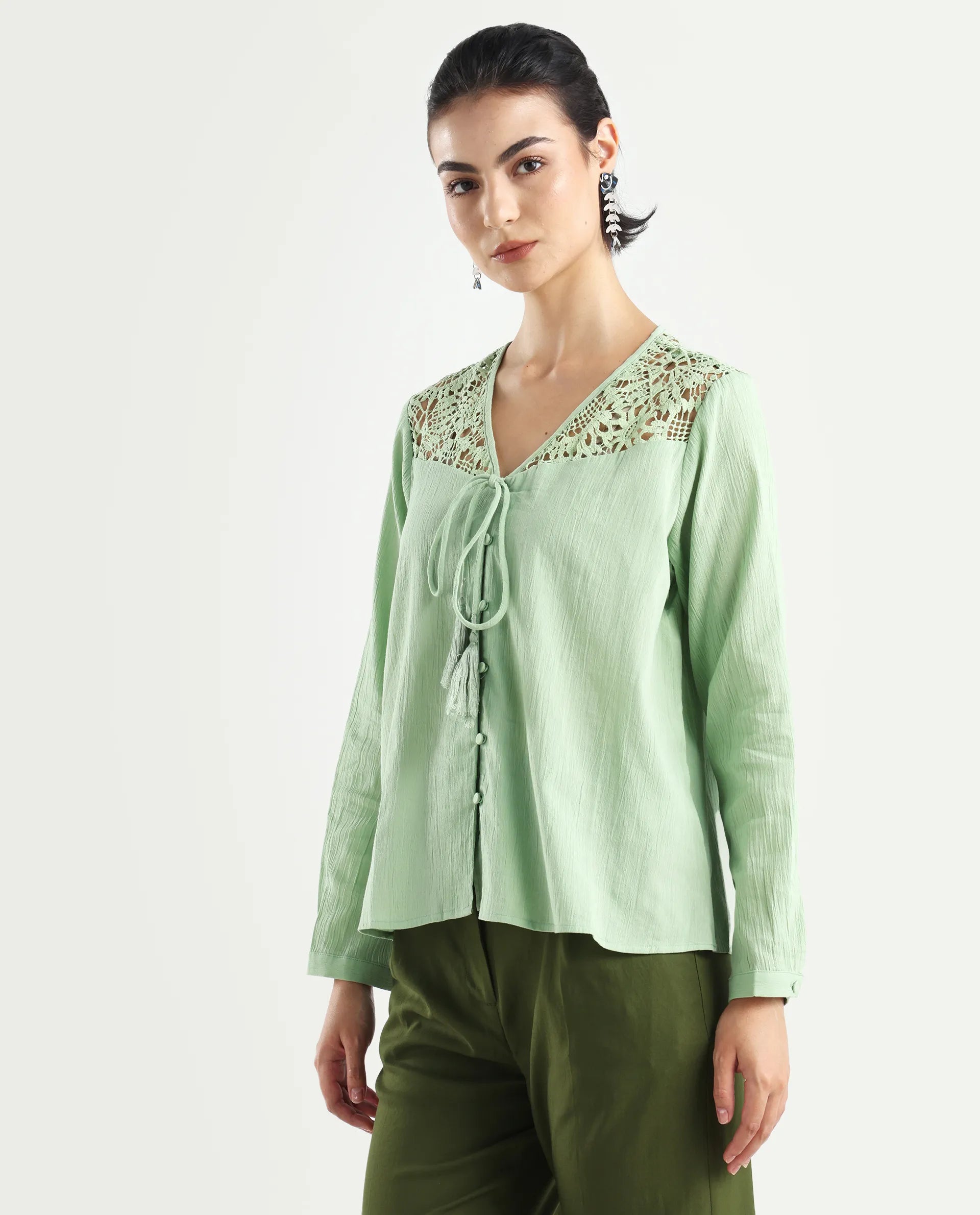 Rareism Women's Sonoki Dusky Green Cotton Blend V-Neck Plain Relaxed Fit Top