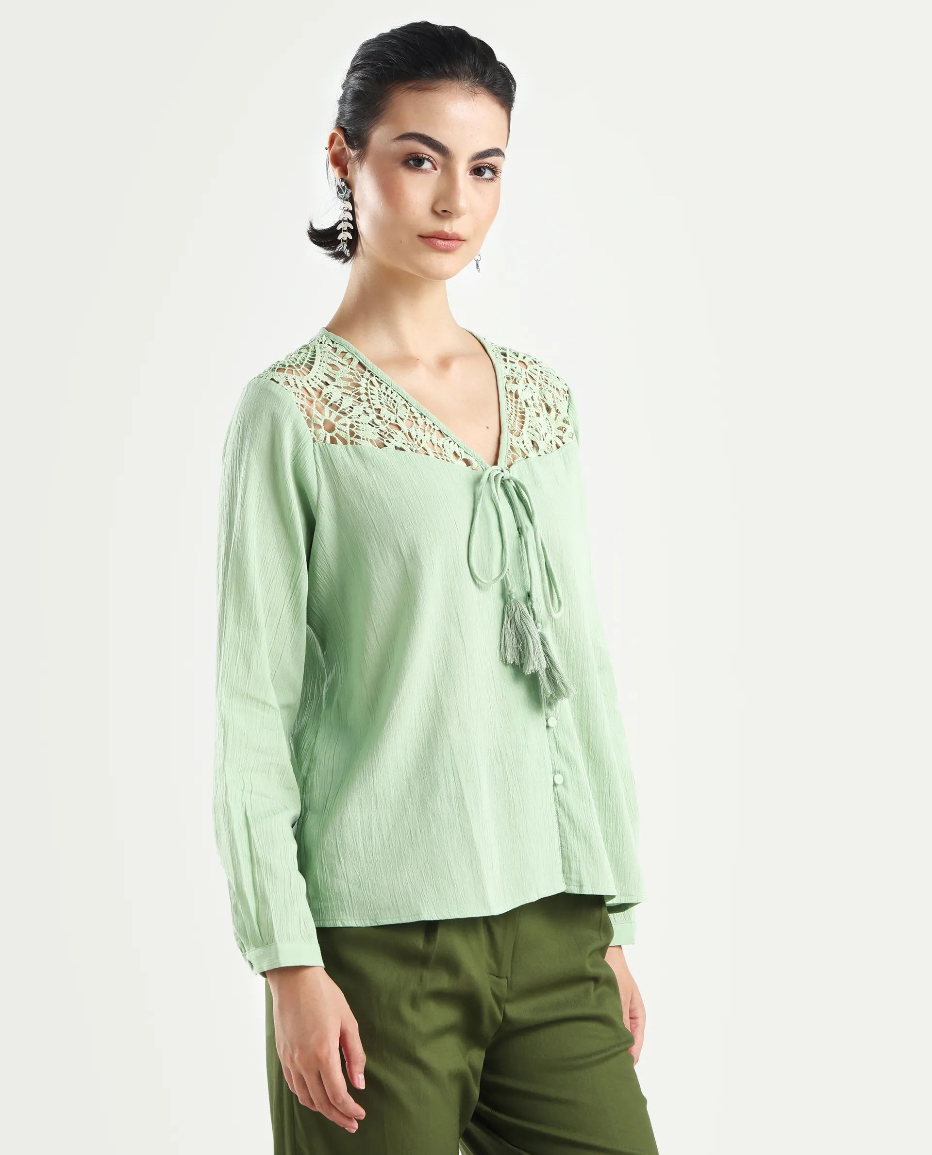 Rareism Women's Sonoki Dusky Green Cotton Blend V-Neck Plain Relaxed Fit Top