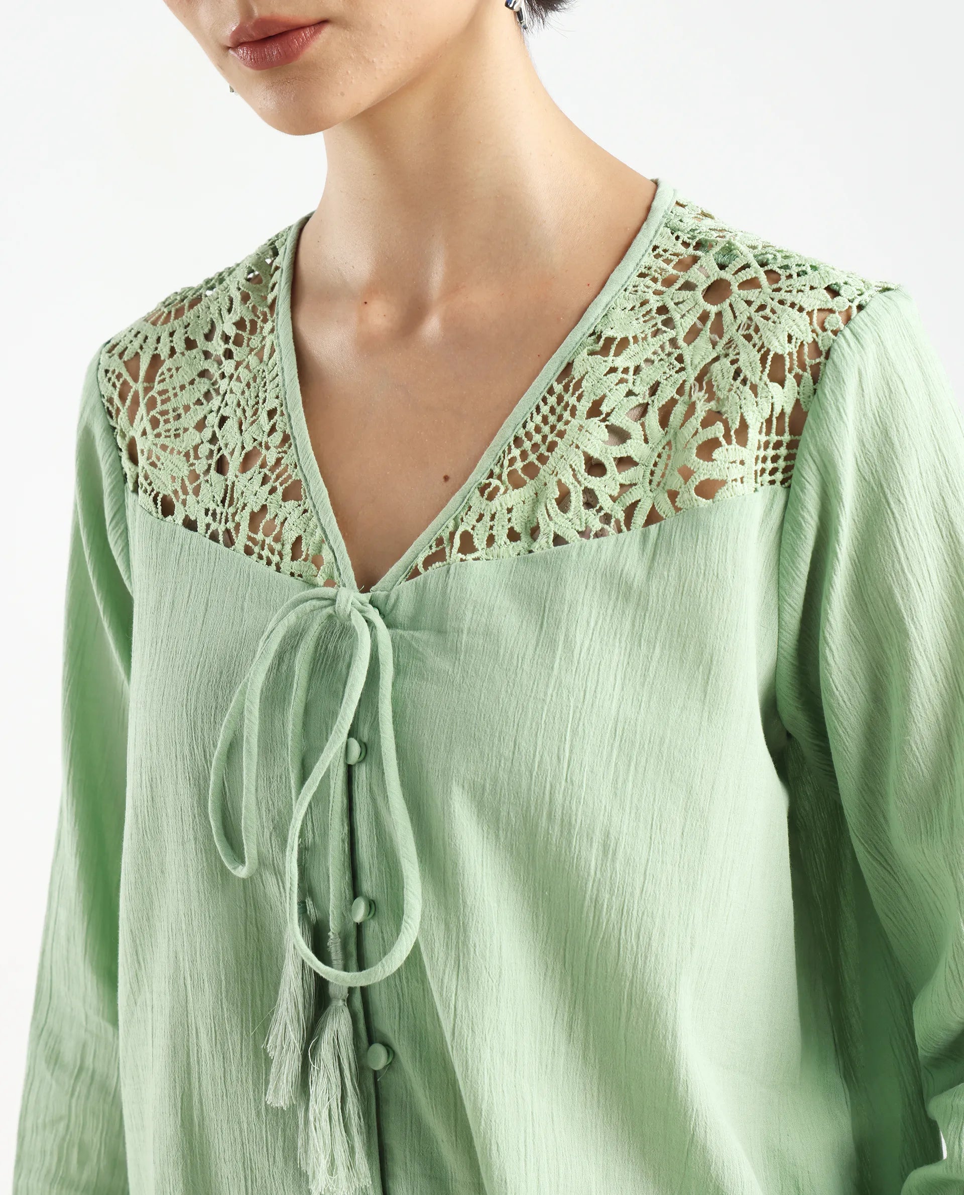 Rareism Women's Sonoki Dusky Green Cotton Blend V-Neck Plain Relaxed Fit Top