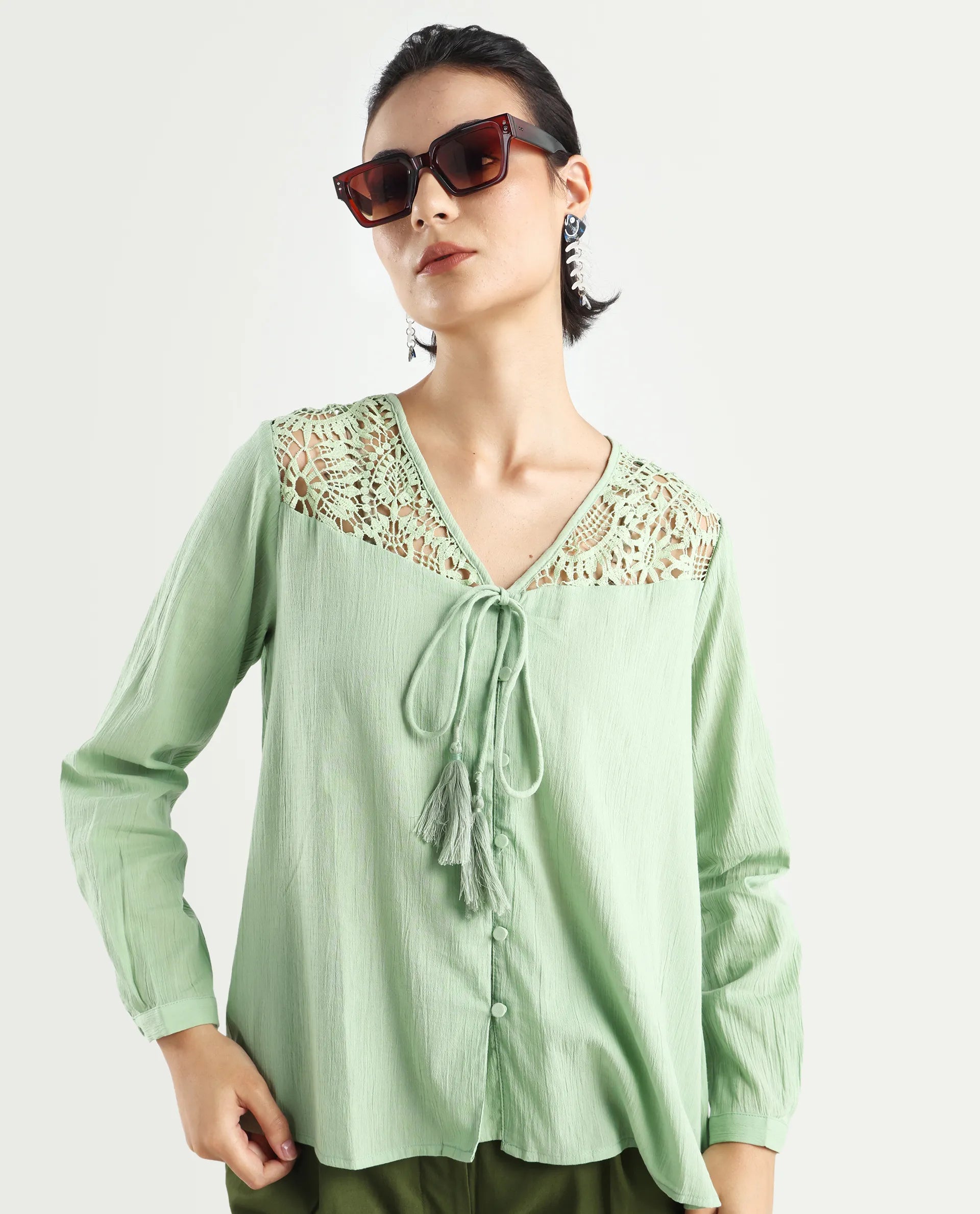 Rareism Women's Sonoki Dusky Green Cotton Blend V-Neck Plain Relaxed Fit Top