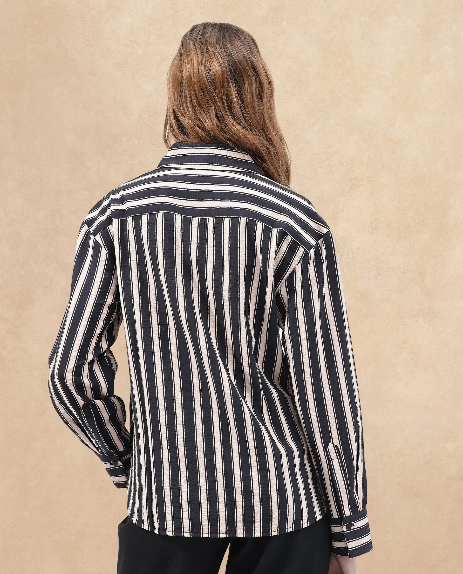 Rareism Women Sonora Black Cuffed Sleeve Collared Neck Broad Stripes Shirt