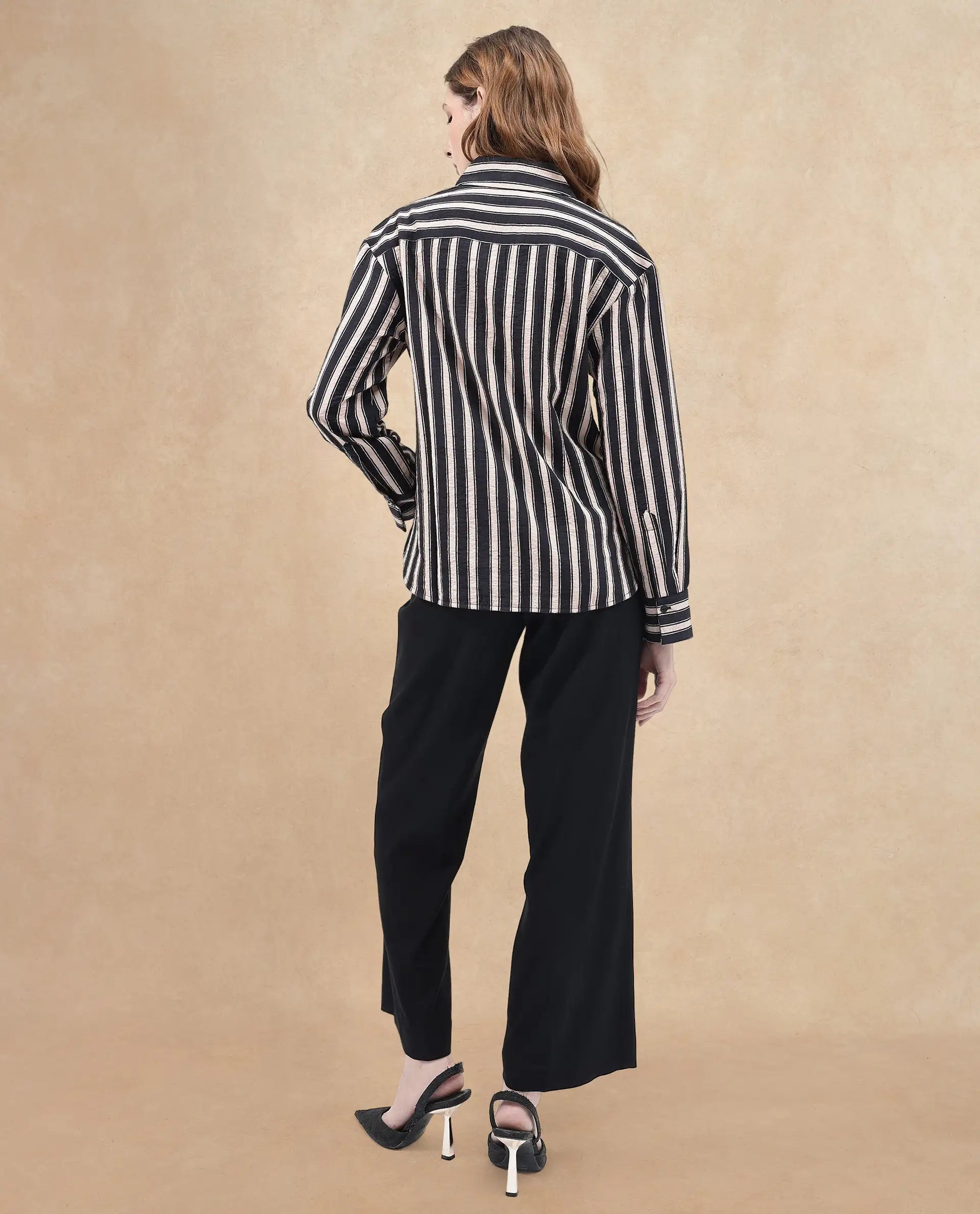 Rareism Women Sonora Black Cuffed Sleeve Collared Neck Broad Stripes Shirt