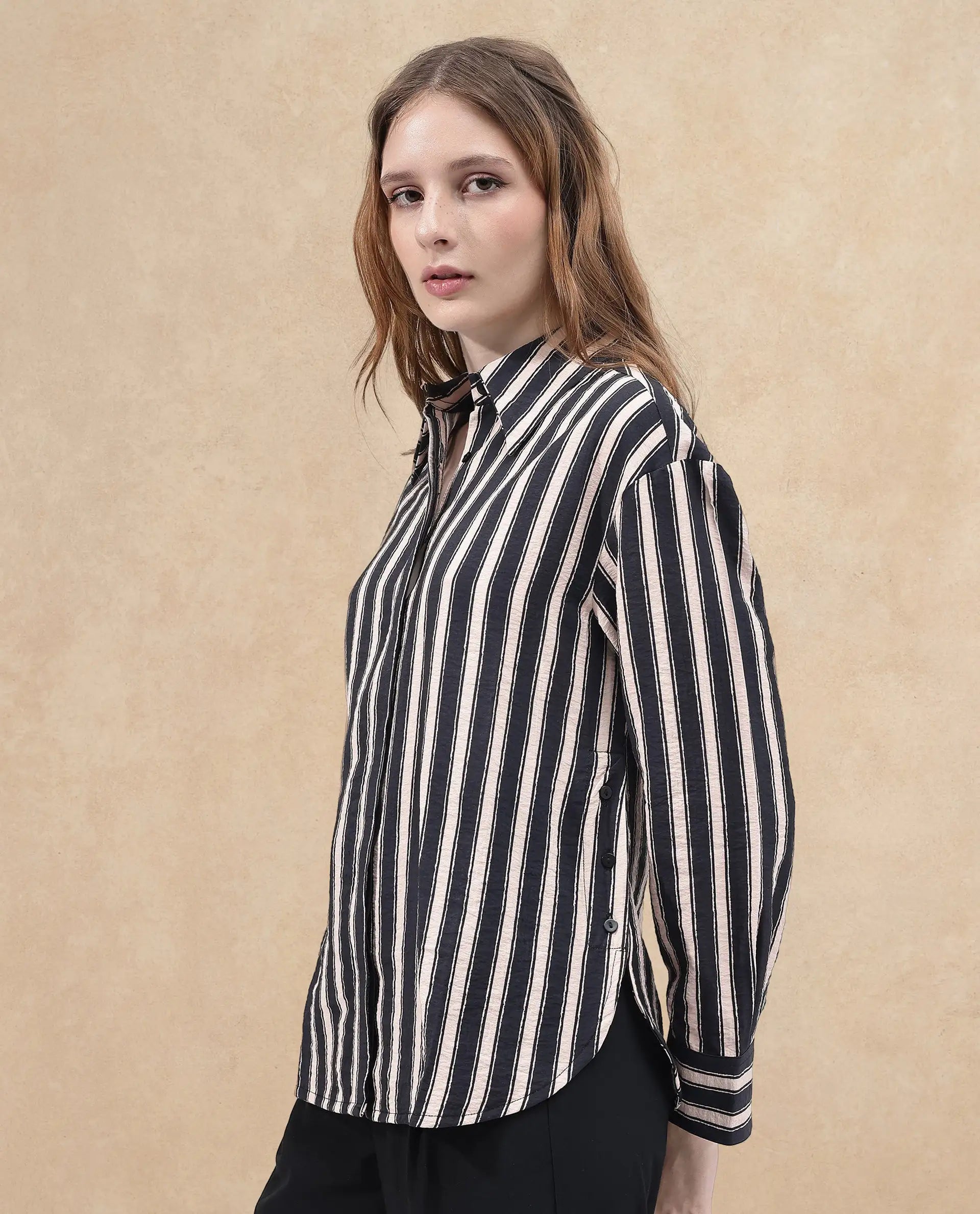 Rareism Women Sonora Black Cuffed Sleeve Collared Neck Broad Stripes Shirt