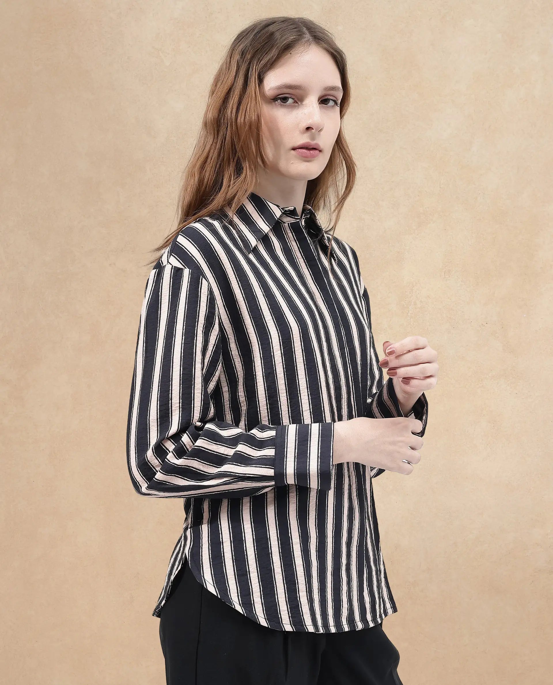 Rareism Women Sonora Black Cuffed Sleeve Collared Neck Broad Stripes Shirt