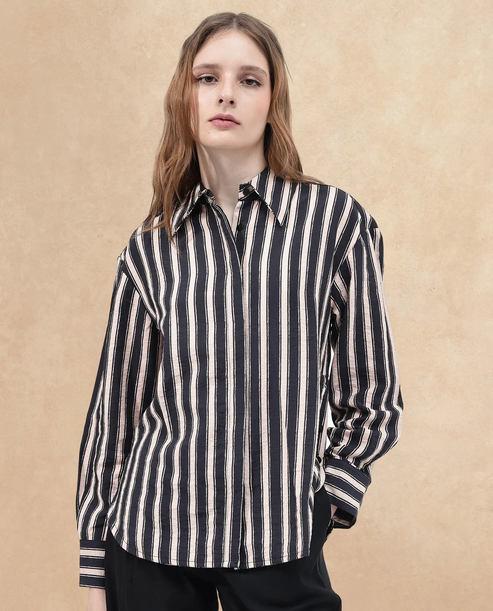 Rareism Women Sonora Black Cuffed Sleeve Collared Neck Broad Stripes Shirt