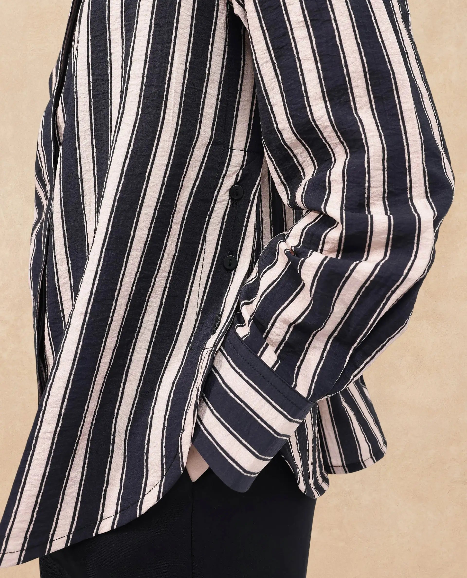 Rareism Women Sonora Black Cuffed Sleeve Collared Neck Broad Stripes Shirt