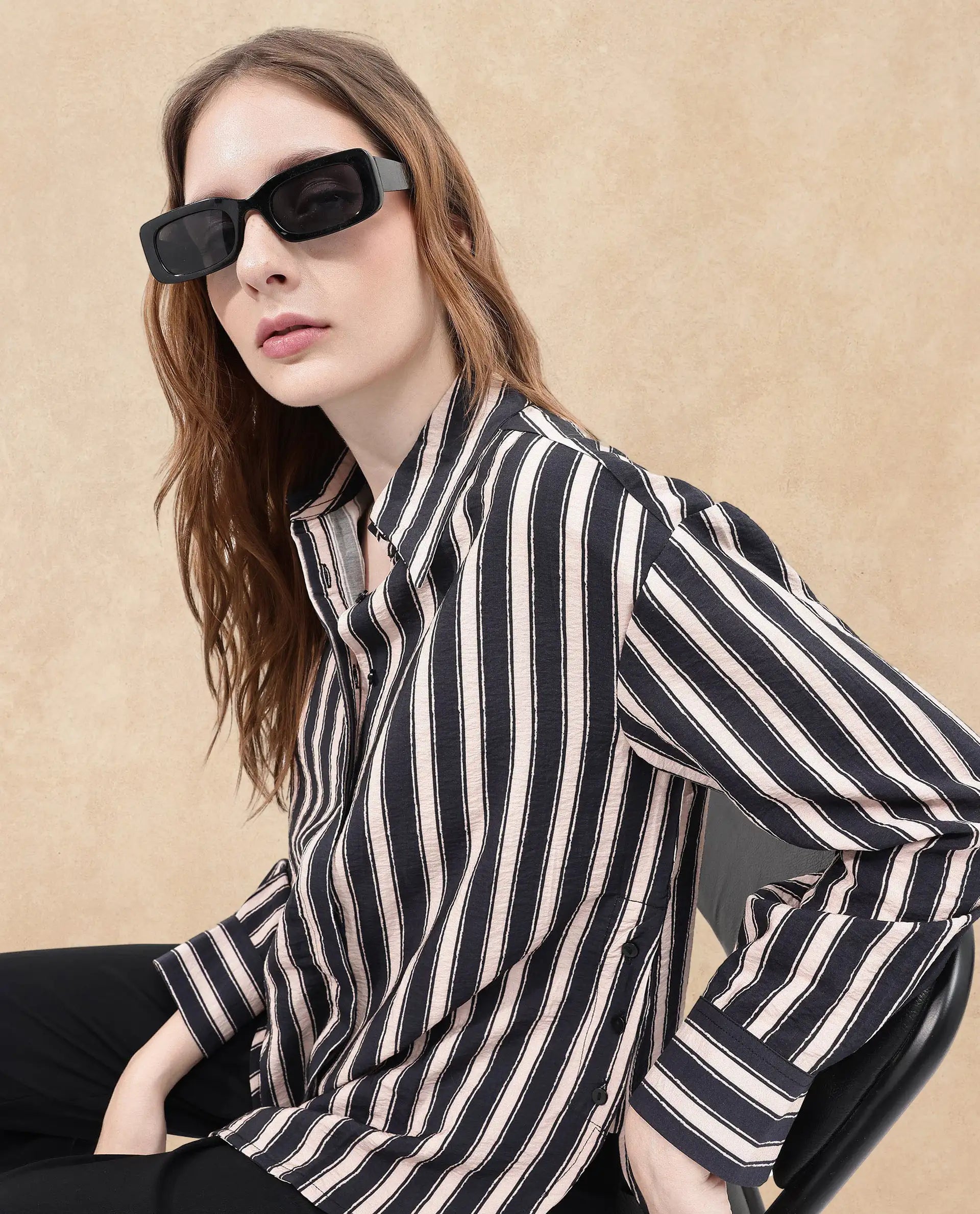 Rareism Women Sonora Black Cuffed Sleeve Collared Neck Broad Stripes Shirt