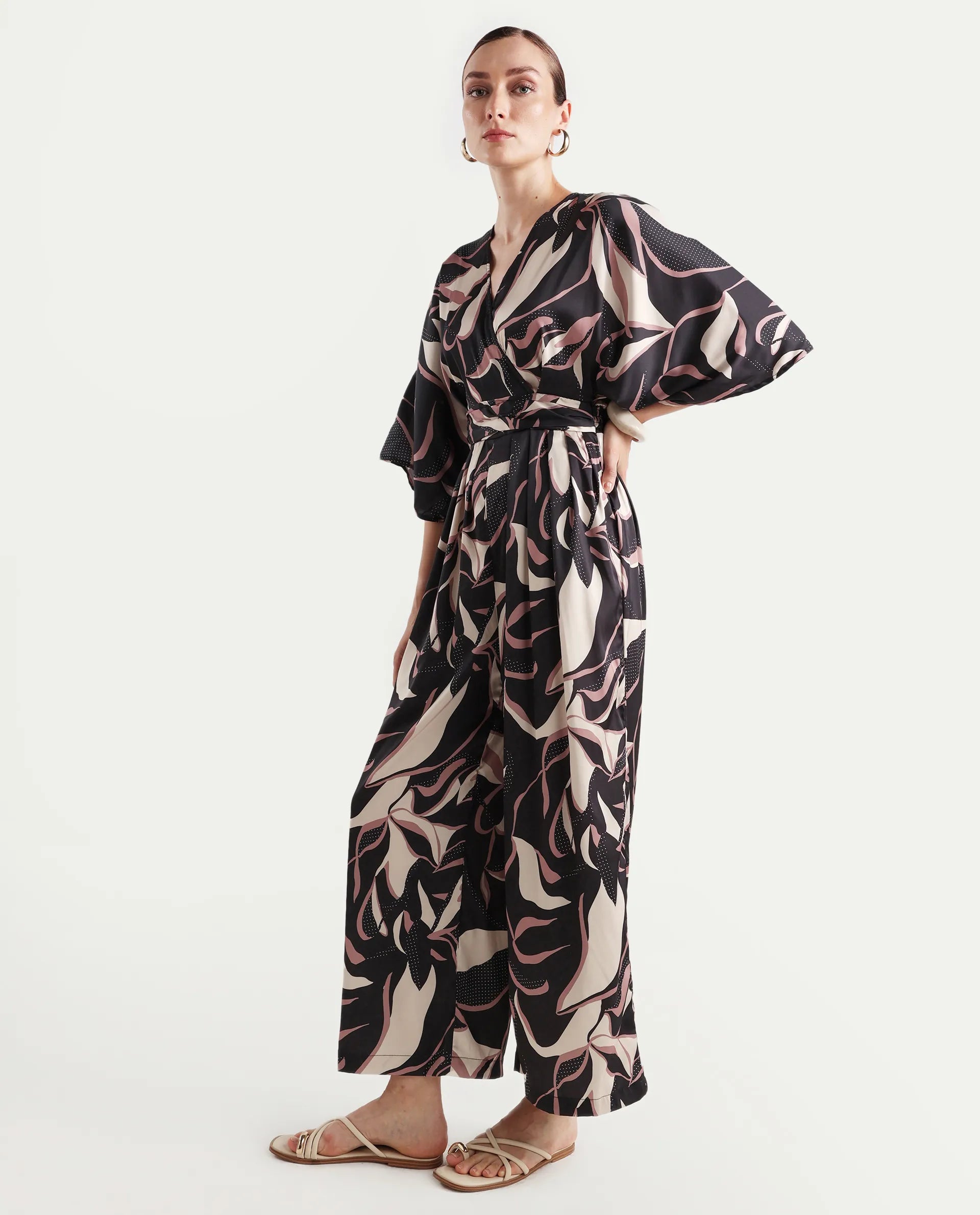 Rareism Women's Sonrka Multi Satin Overlap Neck Abstract Print Extended Sleeves Maxi Relaxed Fit Jumpsuit