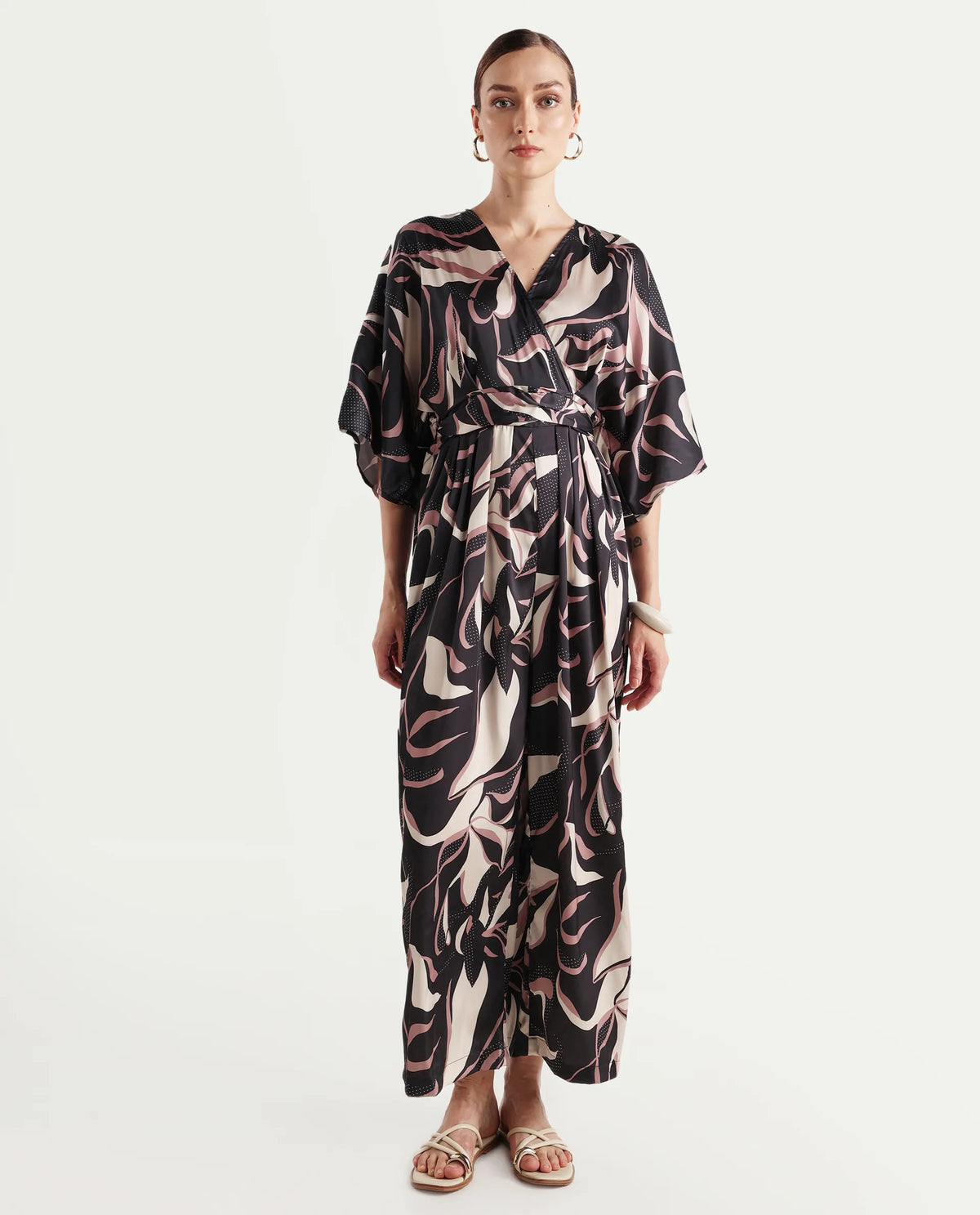 Rareism Women's Sonrka Multi Satin Overlap Neck Abstract Print Extended Sleeves Maxi Relaxed Fit Jumpsuit