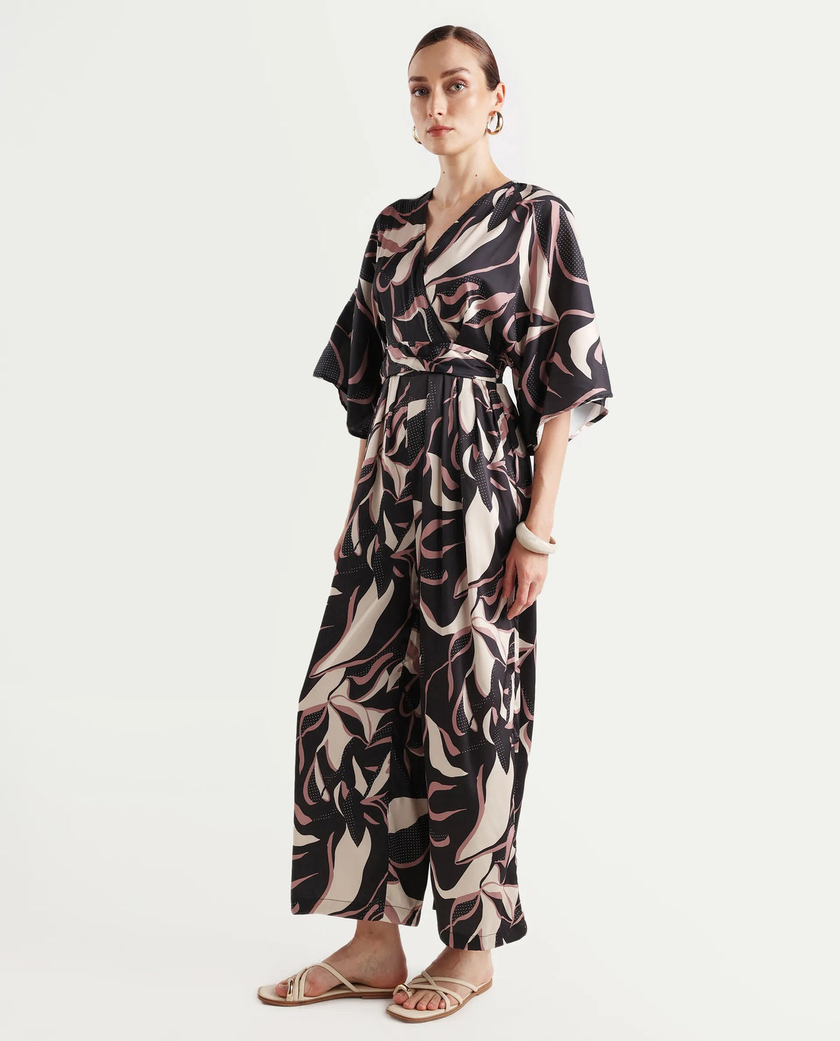 Rareism Women's Sonrka Multi Satin Overlap Neck Abstract Print Extended Sleeves Maxi Relaxed Fit Jumpsuit