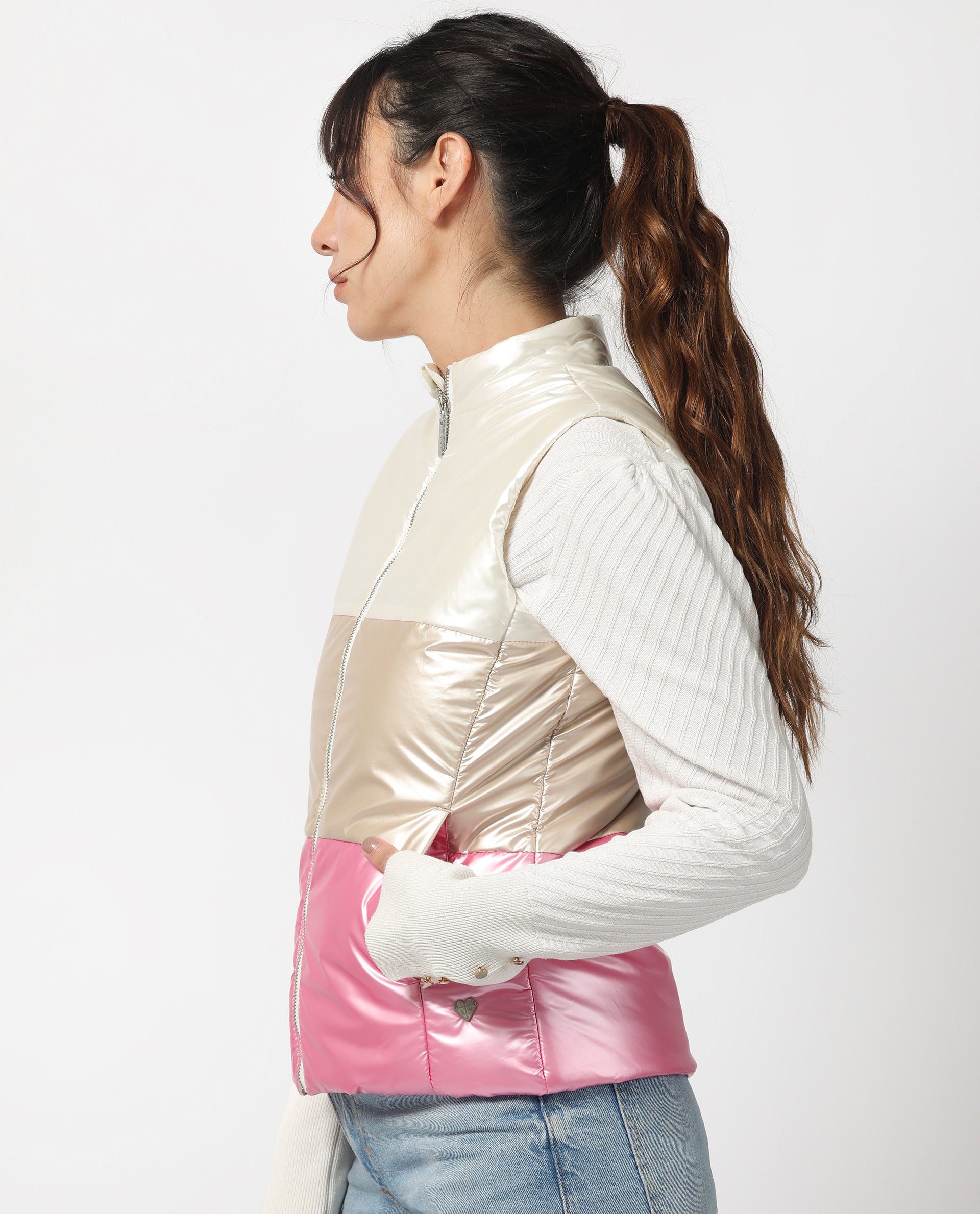 Rareism Women Sophia White Polyester Fabric Sleeveless Solid High Neck Jacket