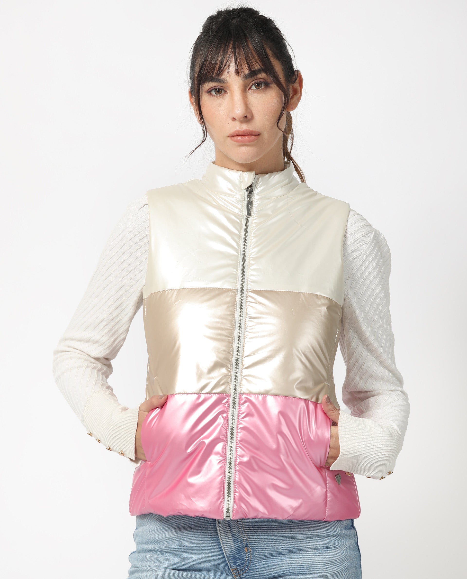 Rareism Women's Sophia White Polyester High Neck Color Block Sleeveless Regular Fit Jacket