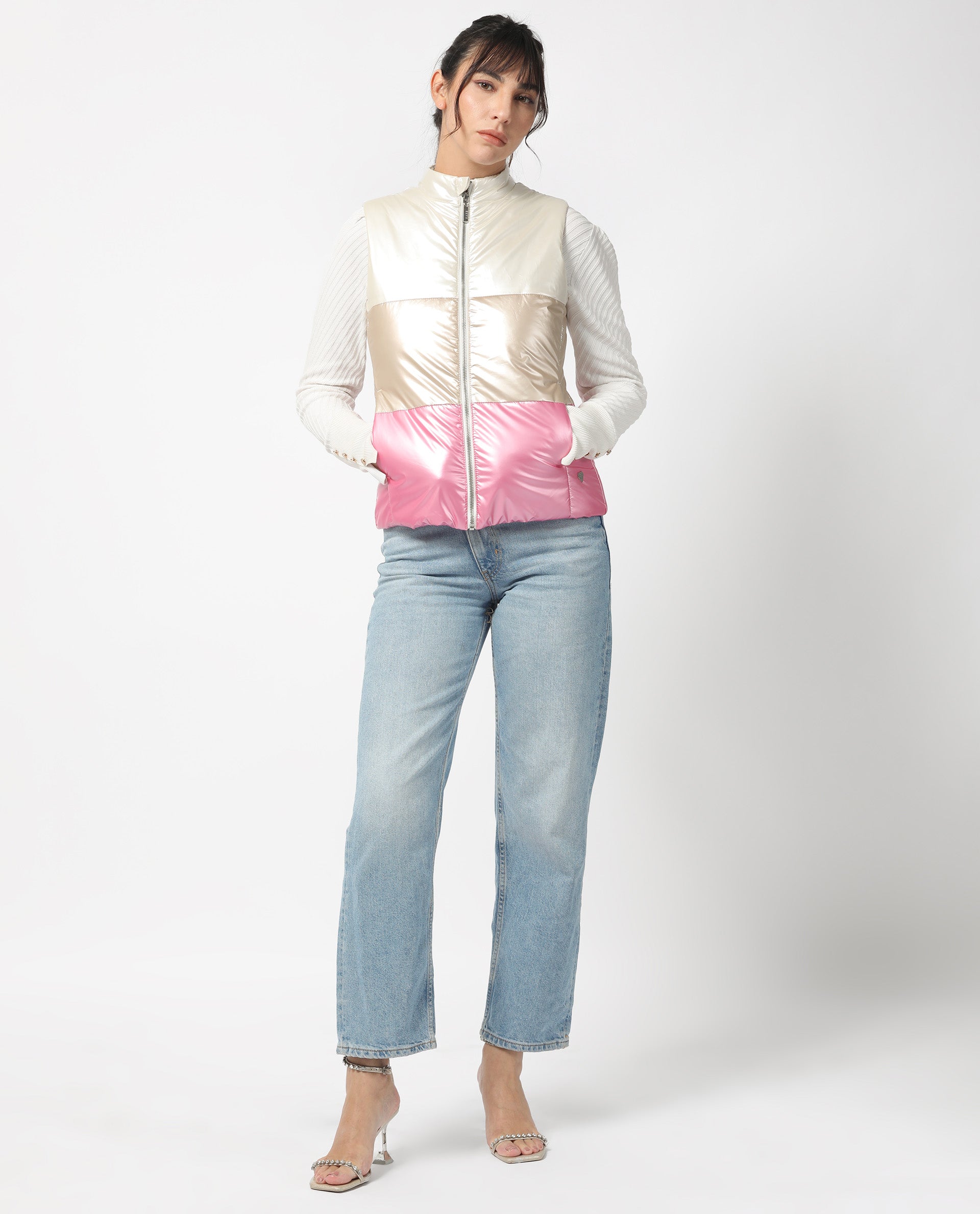 Rareism Women Sophia White Polyester Fabric Sleeveless Solid High Neck Jacket